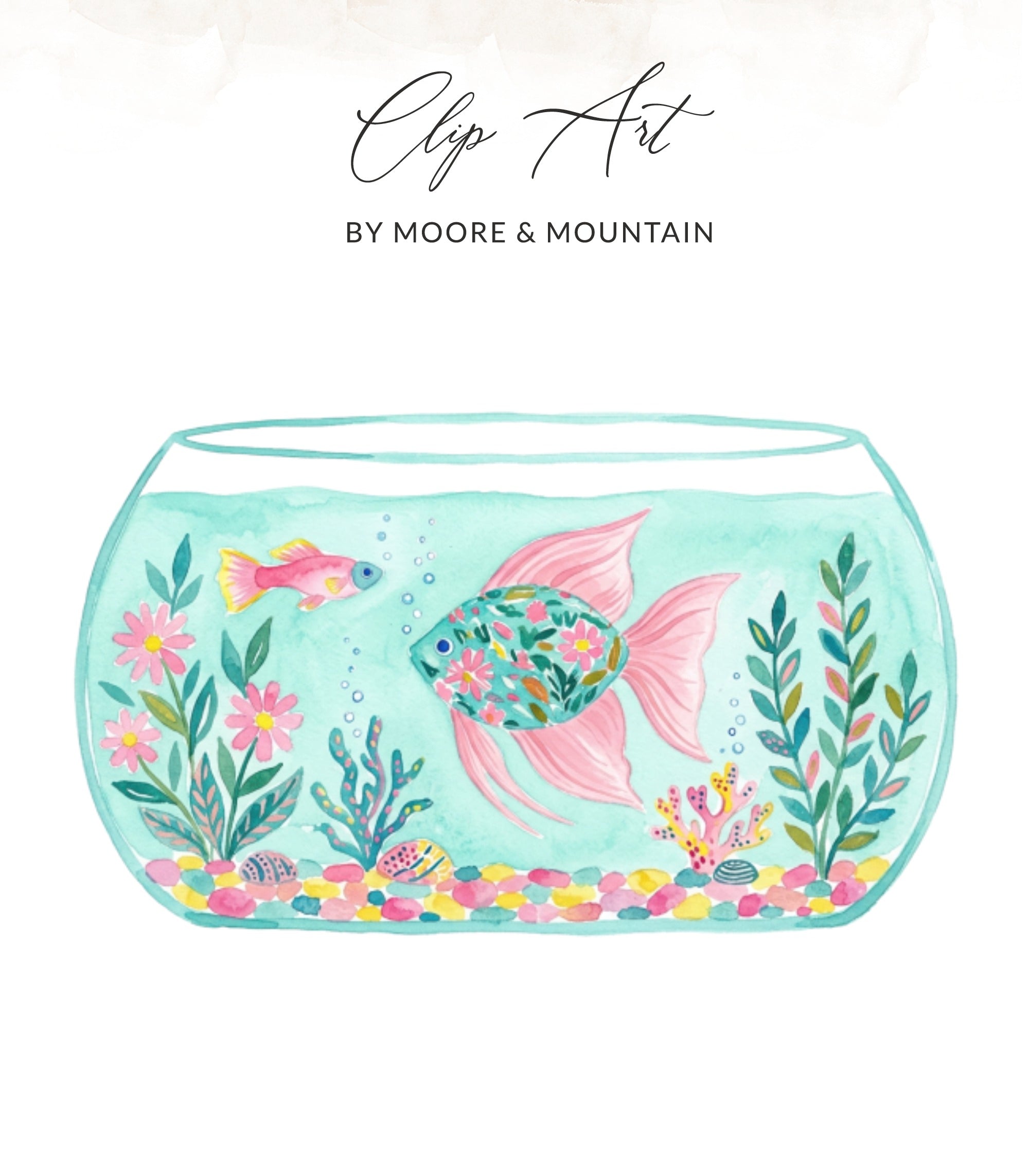 Watercolor goldfish in a bowl with plants and pebbles.