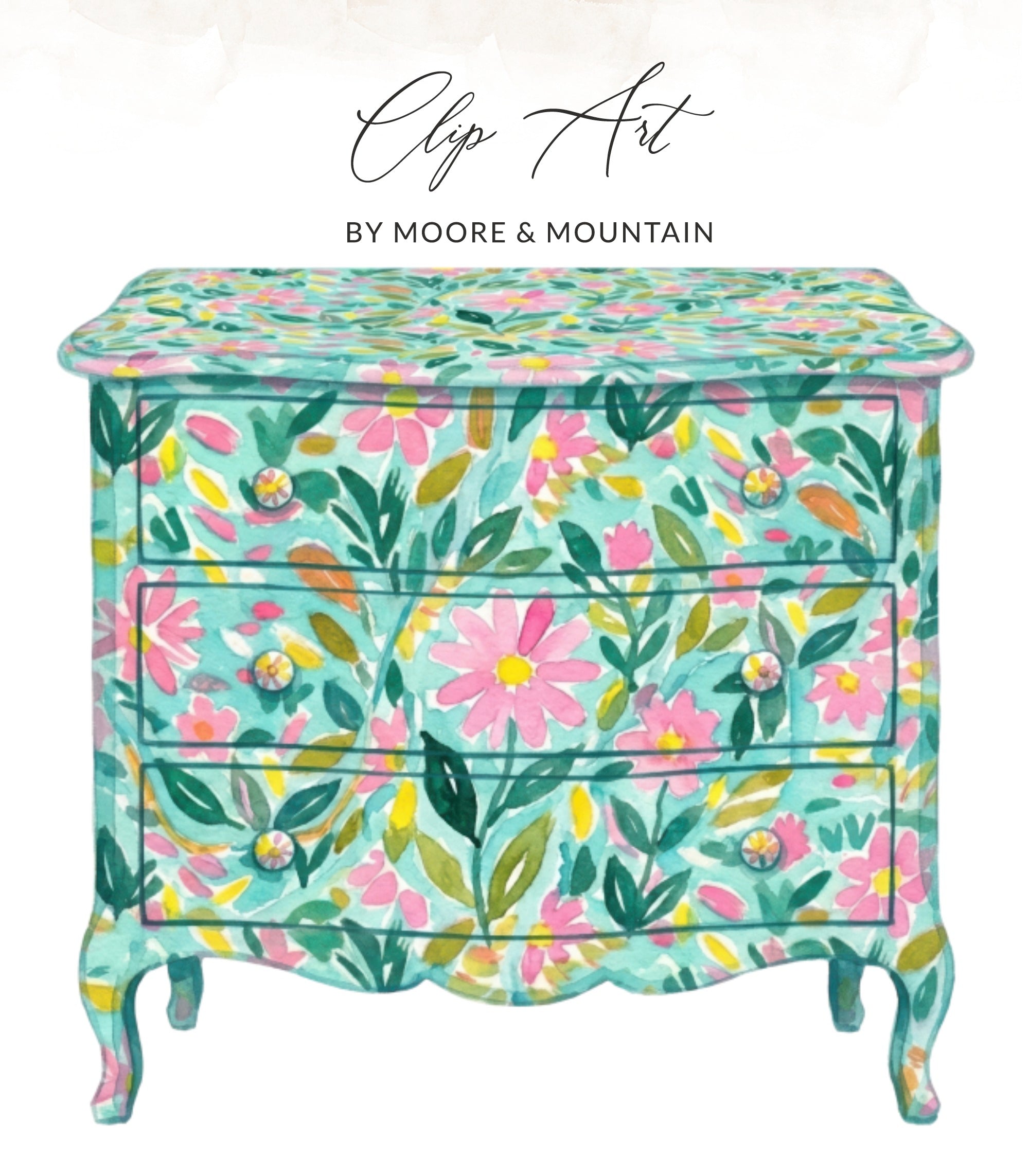 Teal dresser with pink floral pattern and "Clip Art" text.