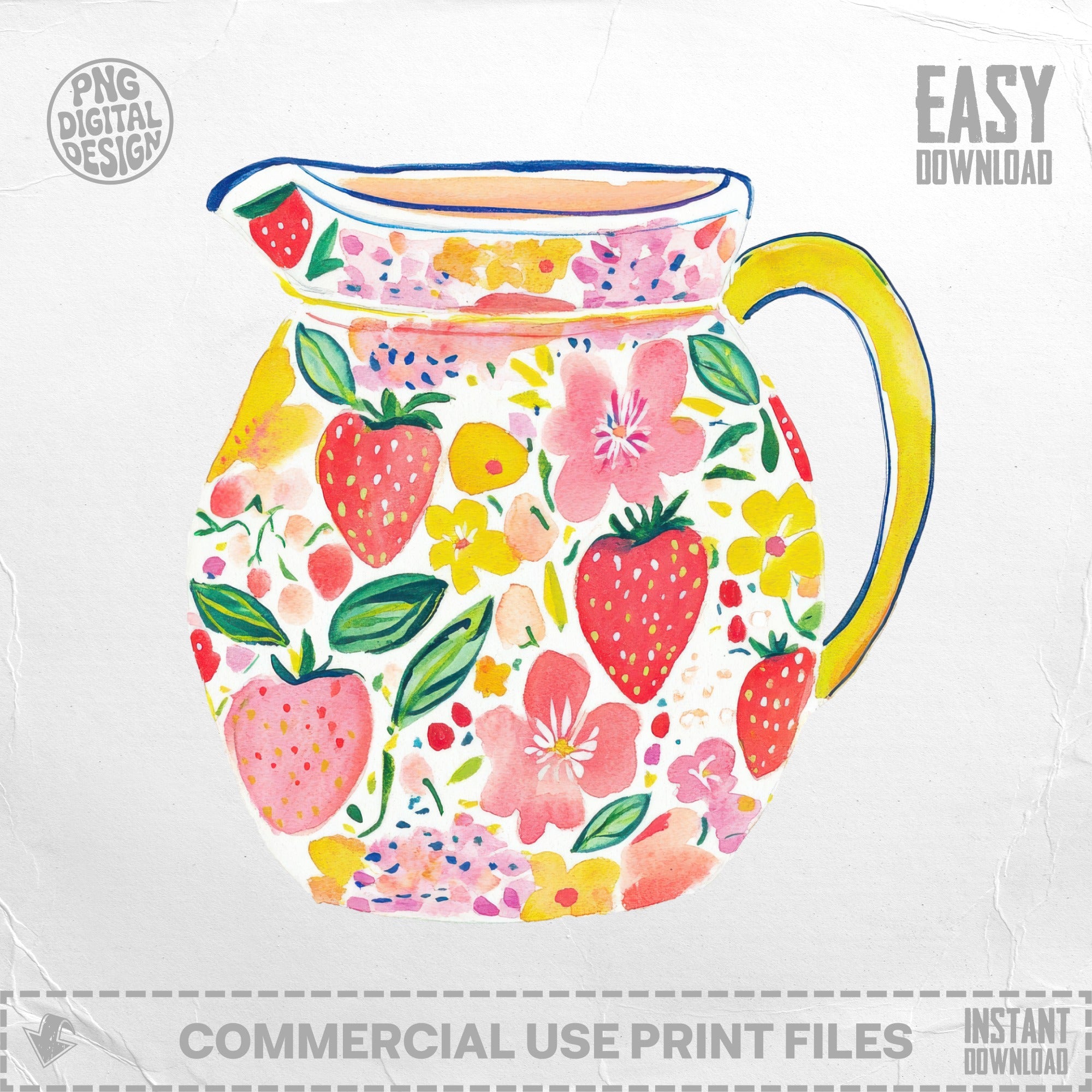 Watercolor pitcher with strawberries and flowers, with "EASY DOWNLOAD" text.