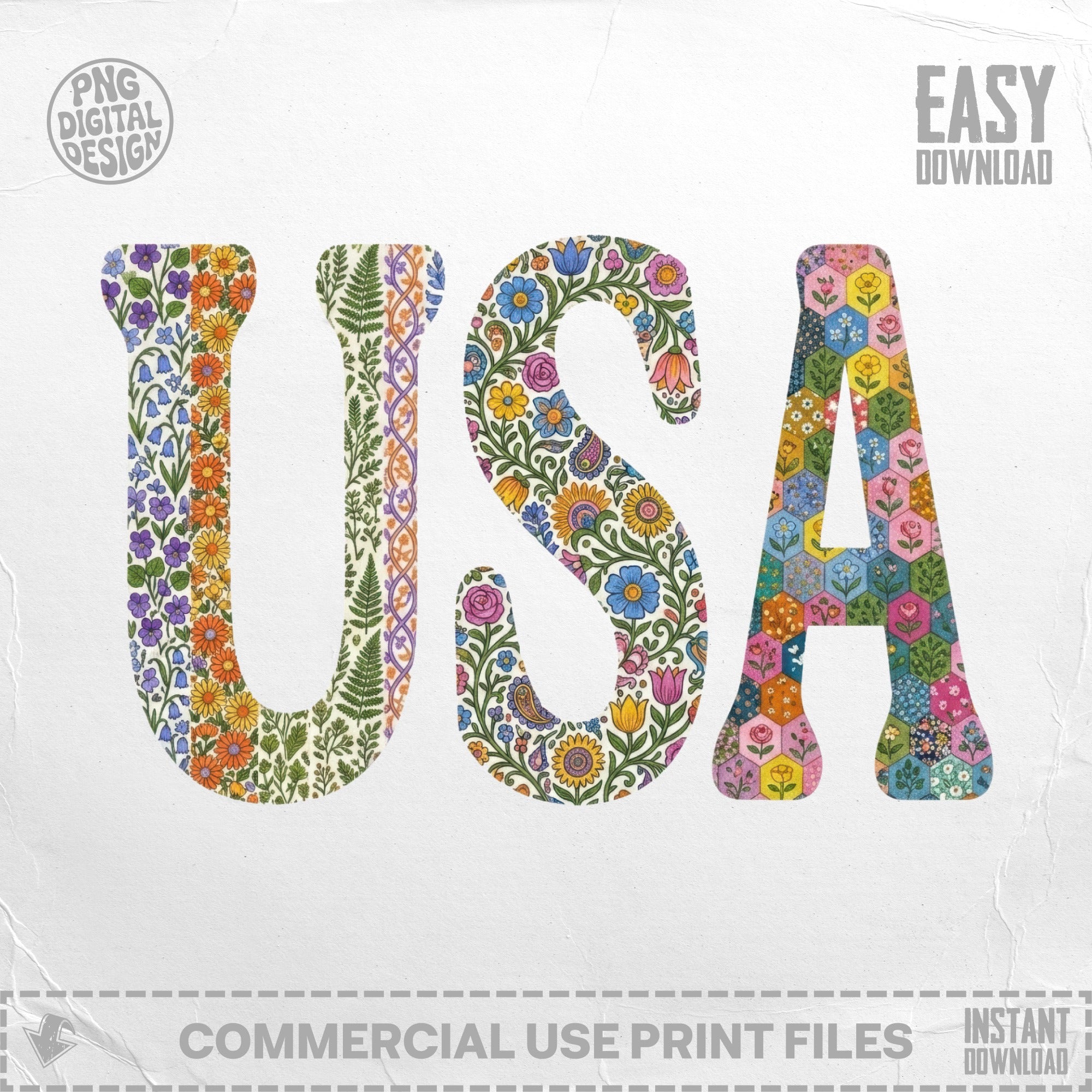 USA lettering with floral and honeycomb patterns in colorful mosaic design.