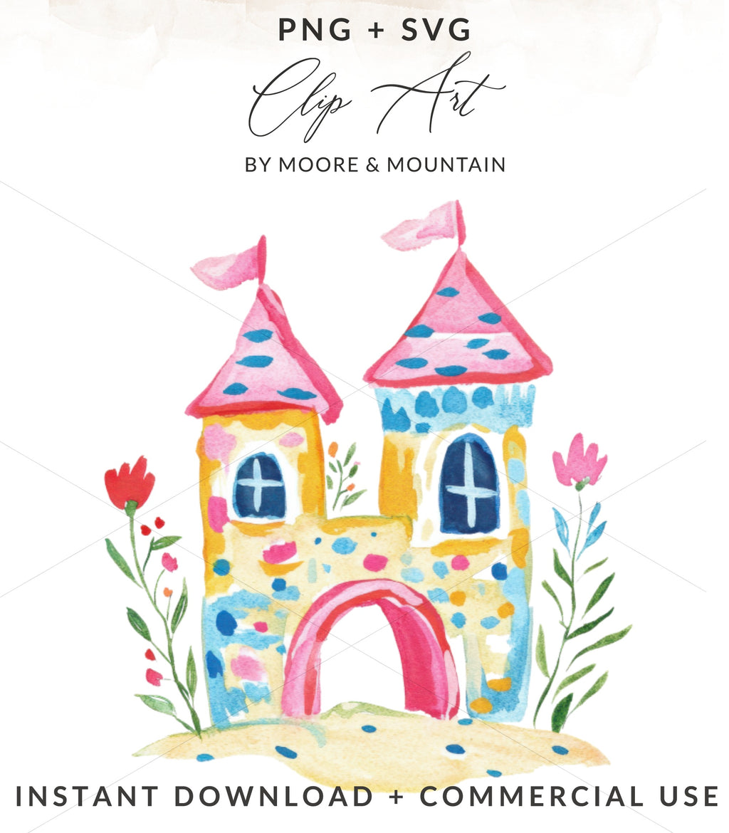 Watercolor castle with flowers, PNG + SVG, Instant Download, Commercial Use.