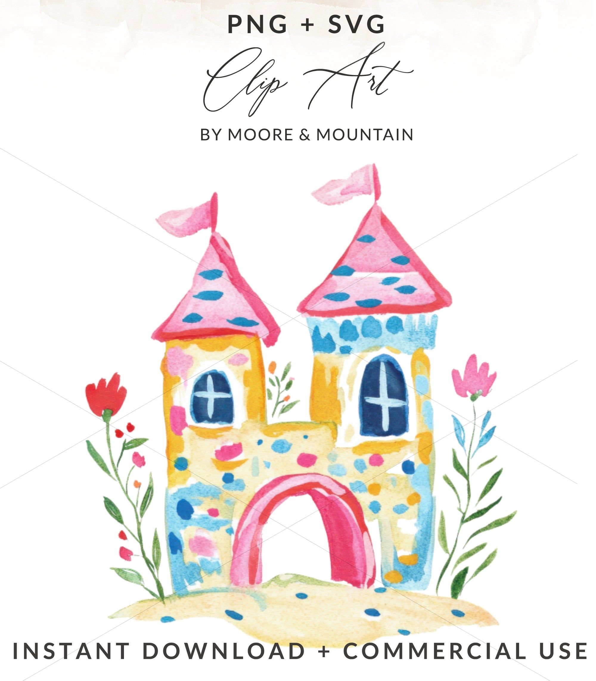 Watercolor castle with flowers, PNG + SVG, Instant Download, Commercial Use.