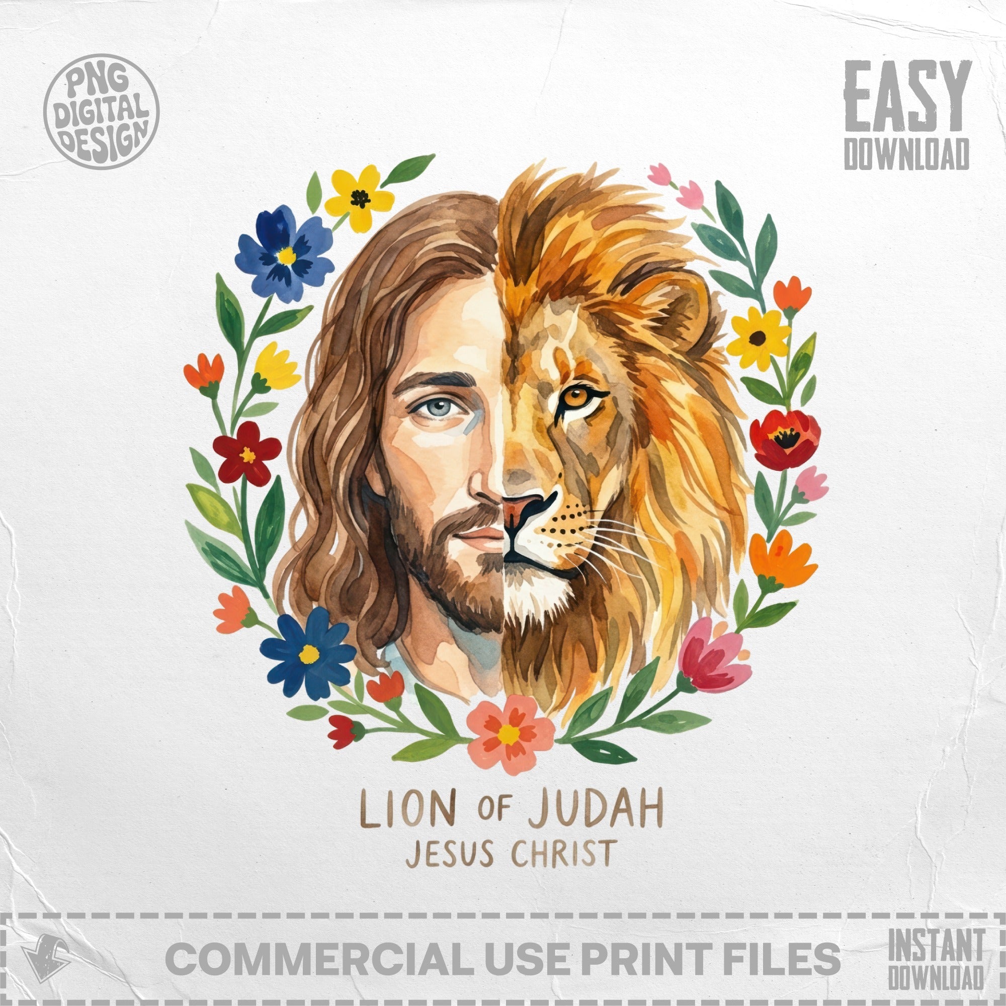 Jesus Christ depicted as the Lion of Judah with a floral wreath.