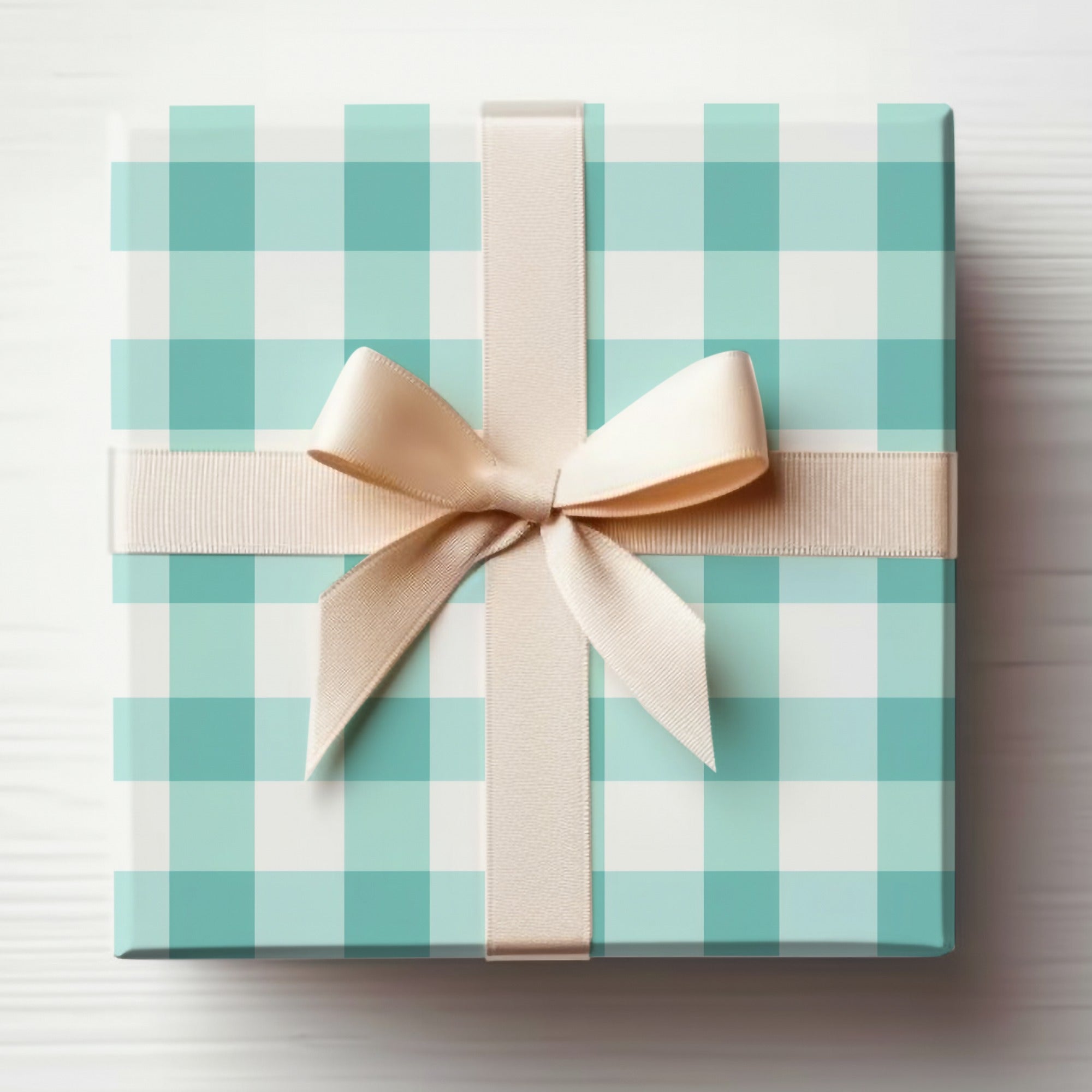 Elegant Teal Checkered Gift Box with Cream Ribbon