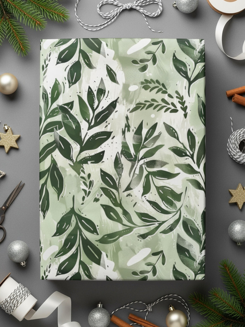 Festive Green Leaf Patterned Holiday Wrapping Paper