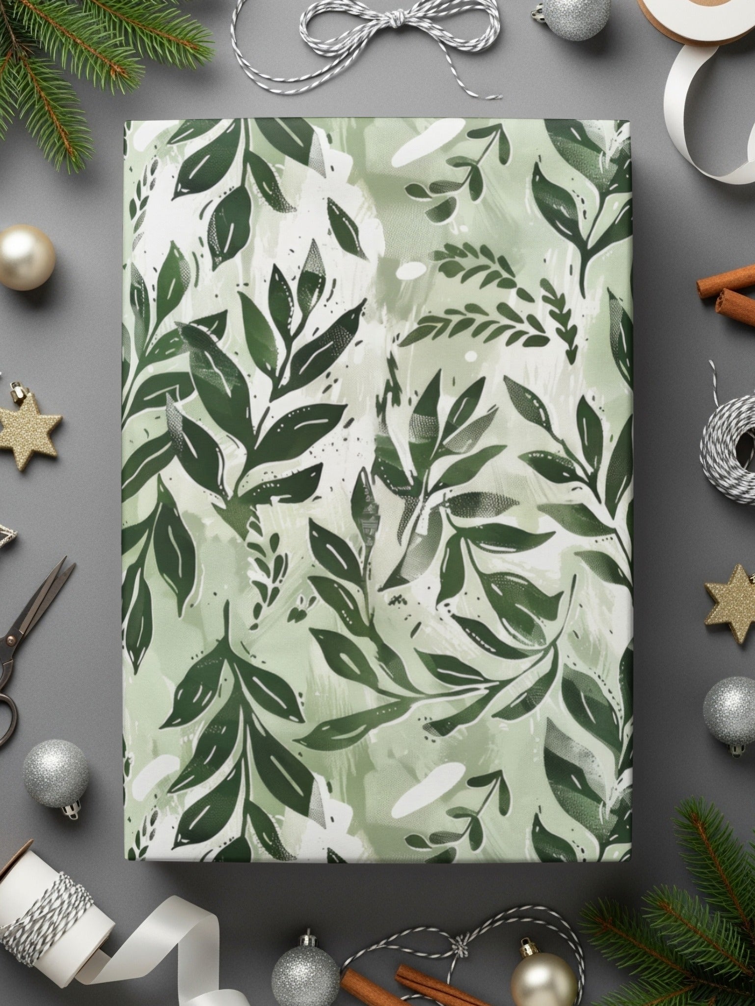 Festive Green Leaf Patterned Holiday Wrapping Paper