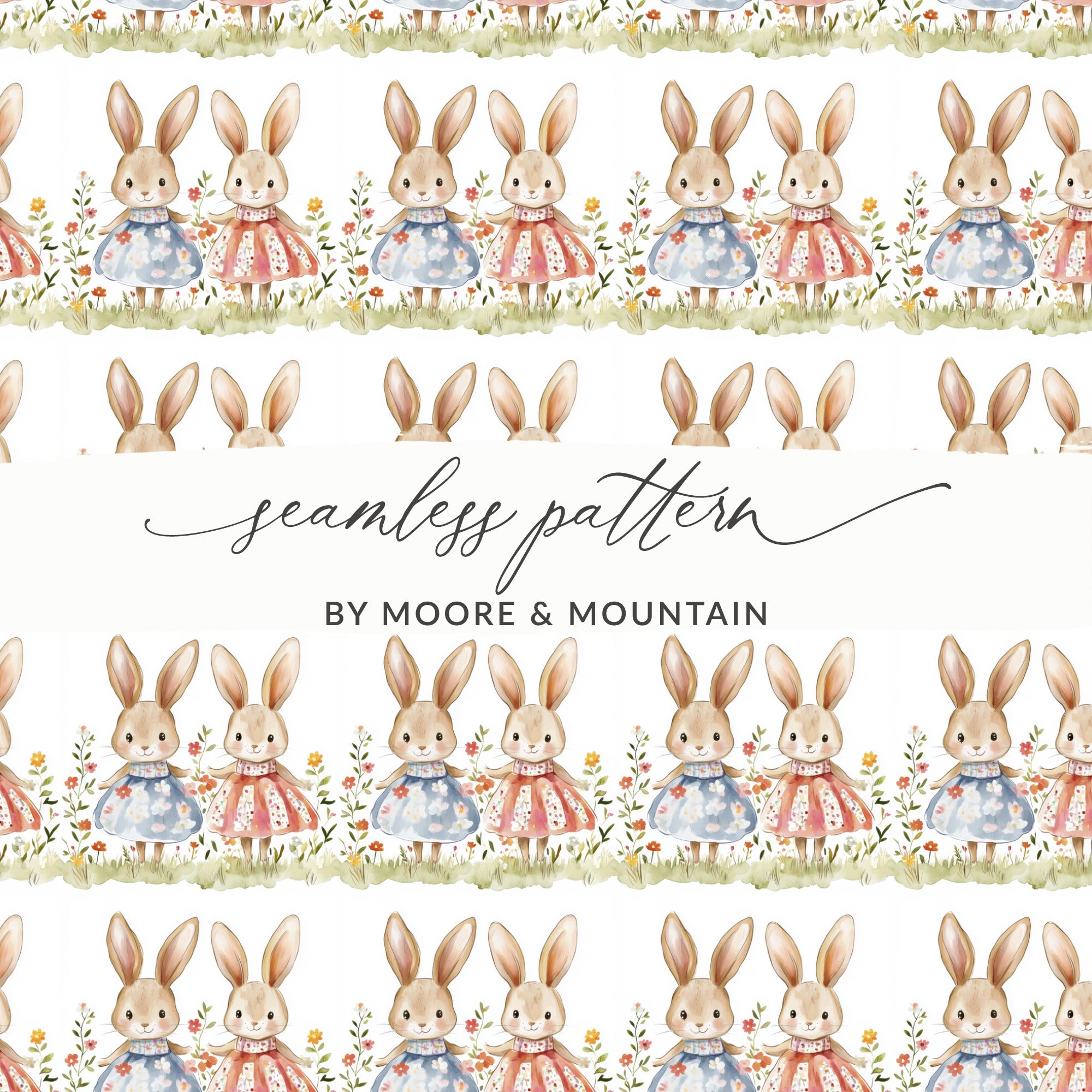 Watercolor Bunnies Flowers Grass Seamless Pattern product type