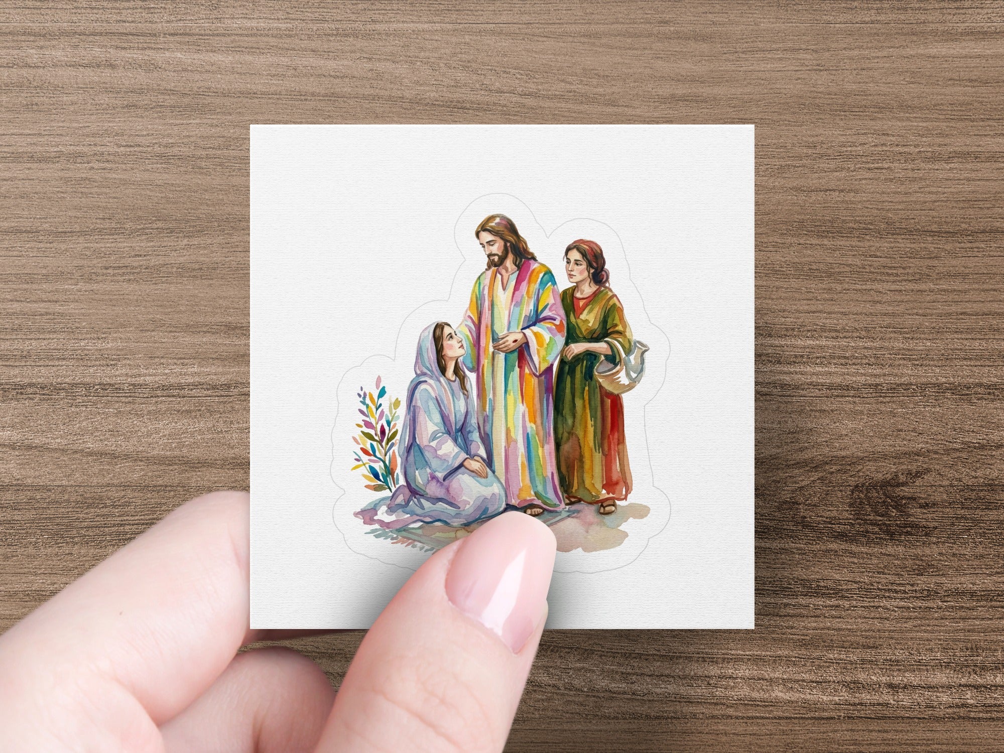Jesus speaks to a kneeling woman and a standing woman holding a jug.
