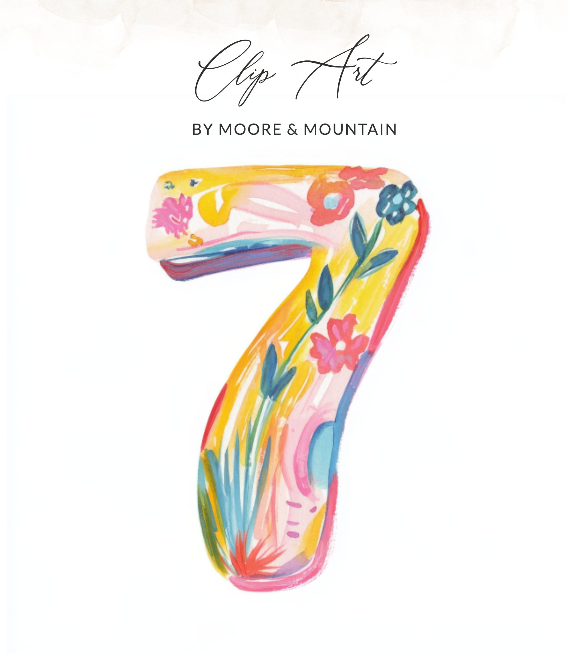 Watercolor number 7 with floral designs and text "Clip Art BY MOORE & MOUNTAIN".