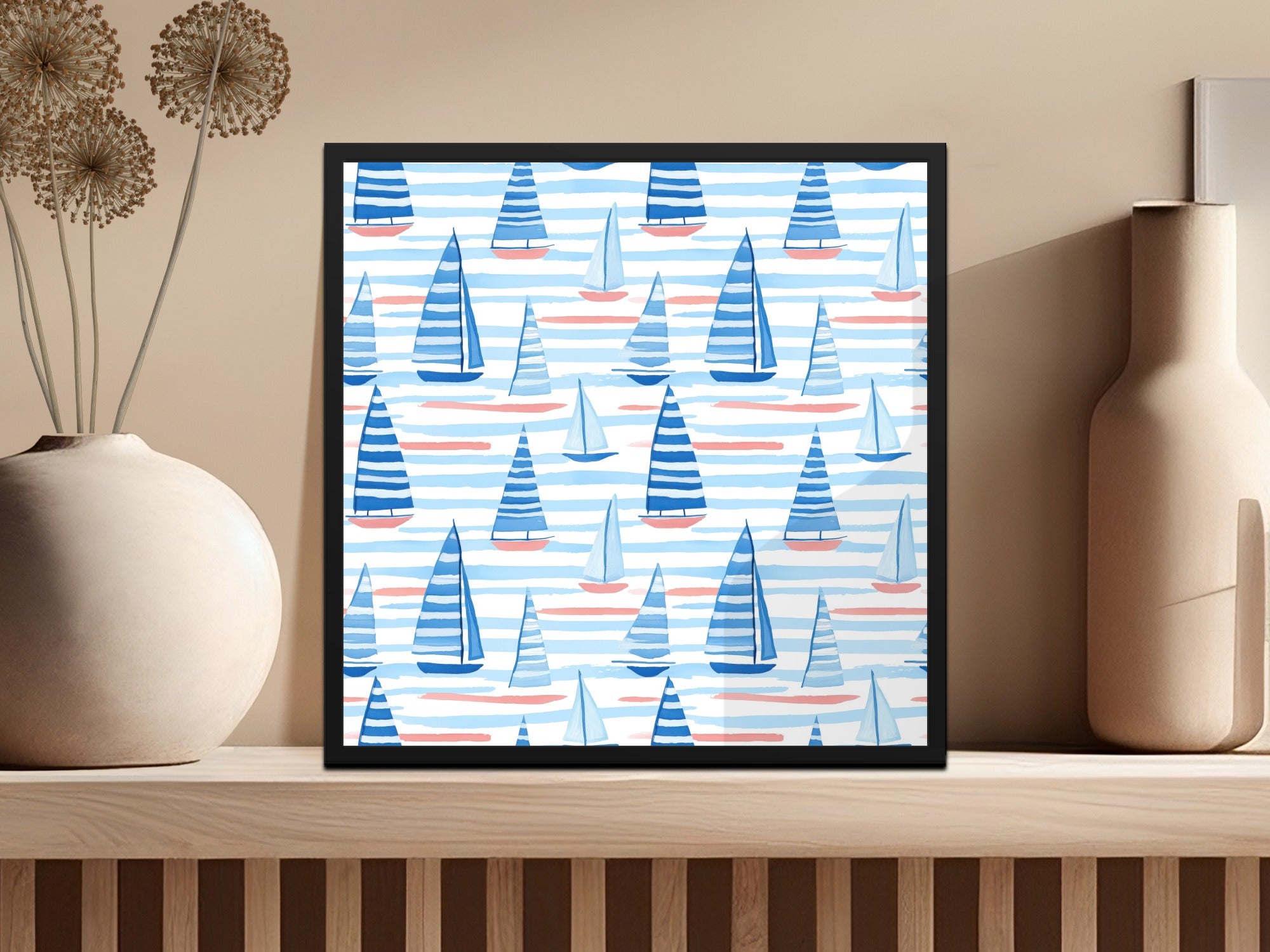 Nautical Blue and White Sailboat Pattern Print