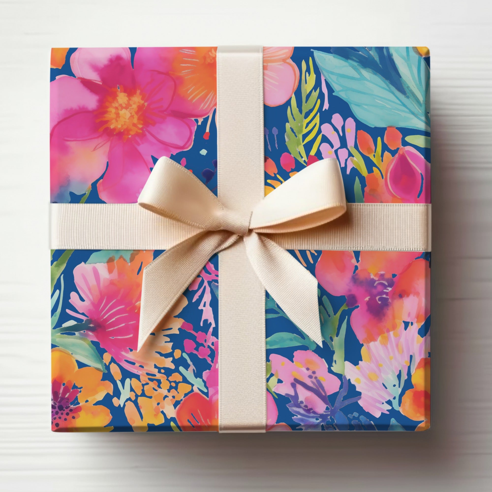 Colorful Floral Gift Box Wrapped with Ribbon Presents