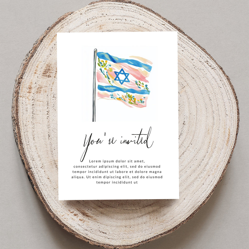 Invitation with Israeli flag and "You're invited" text.