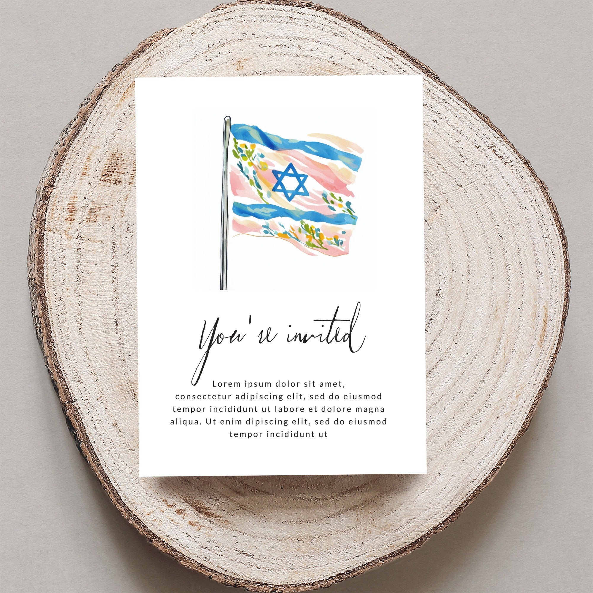 Invitation with Israeli flag and "You're invited" text.