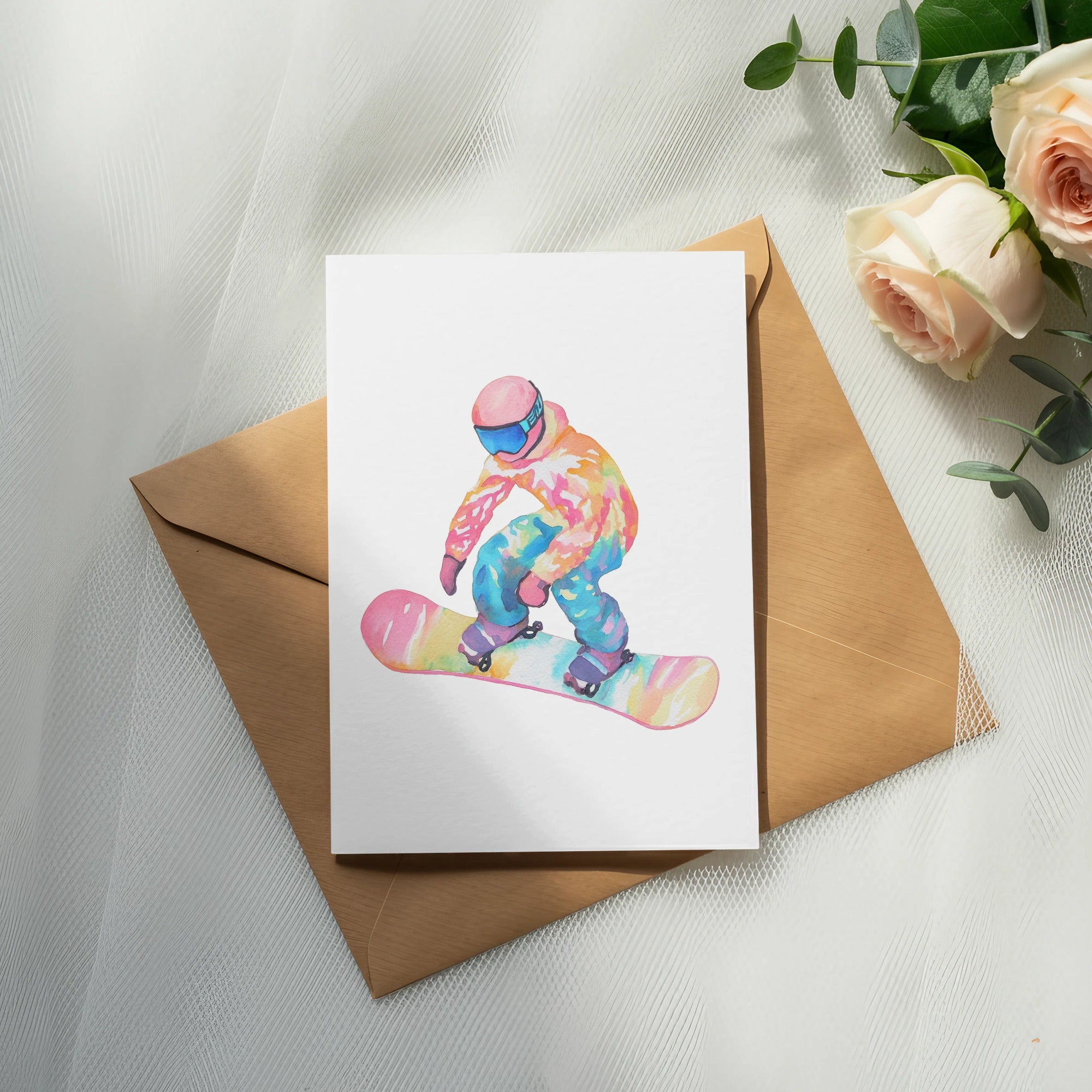 Watercolor illustration of a snowboarder in colorful gear on a snowboard.