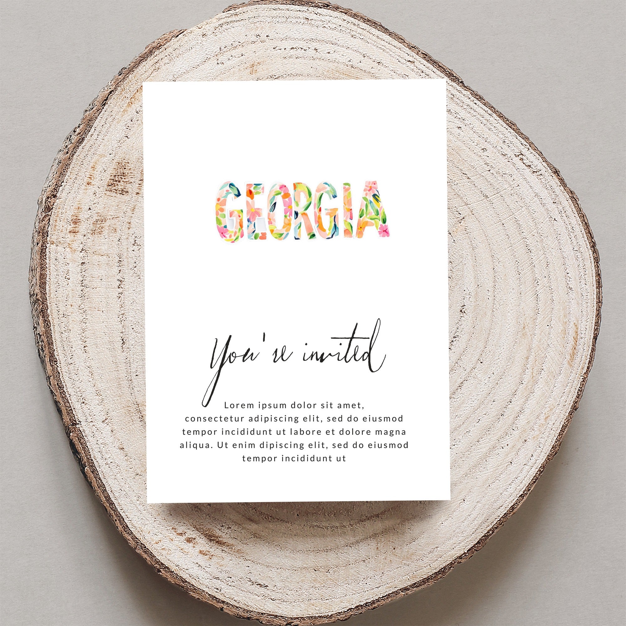 Floral GEORGIA invitation with "You're invited" and placeholder text.