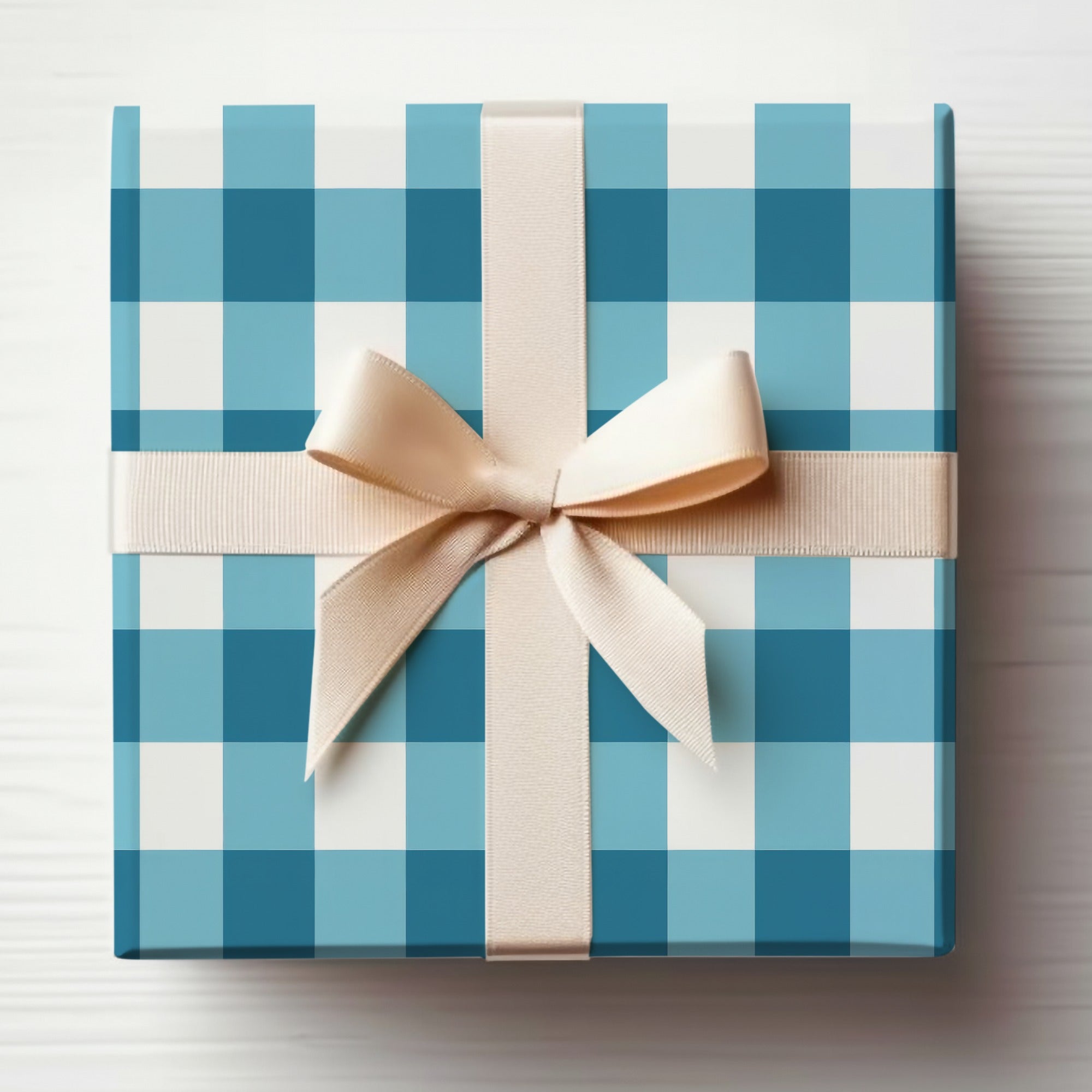 Blue and White Checkered Gift Box with Beige Bow
