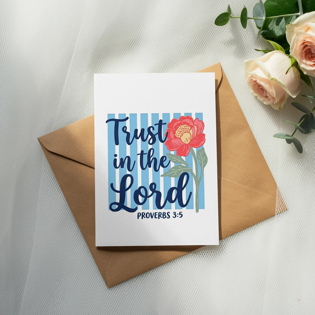 Card with blue stripes, pink flower, and text "Trust in the Lord Proverbs 3:5".