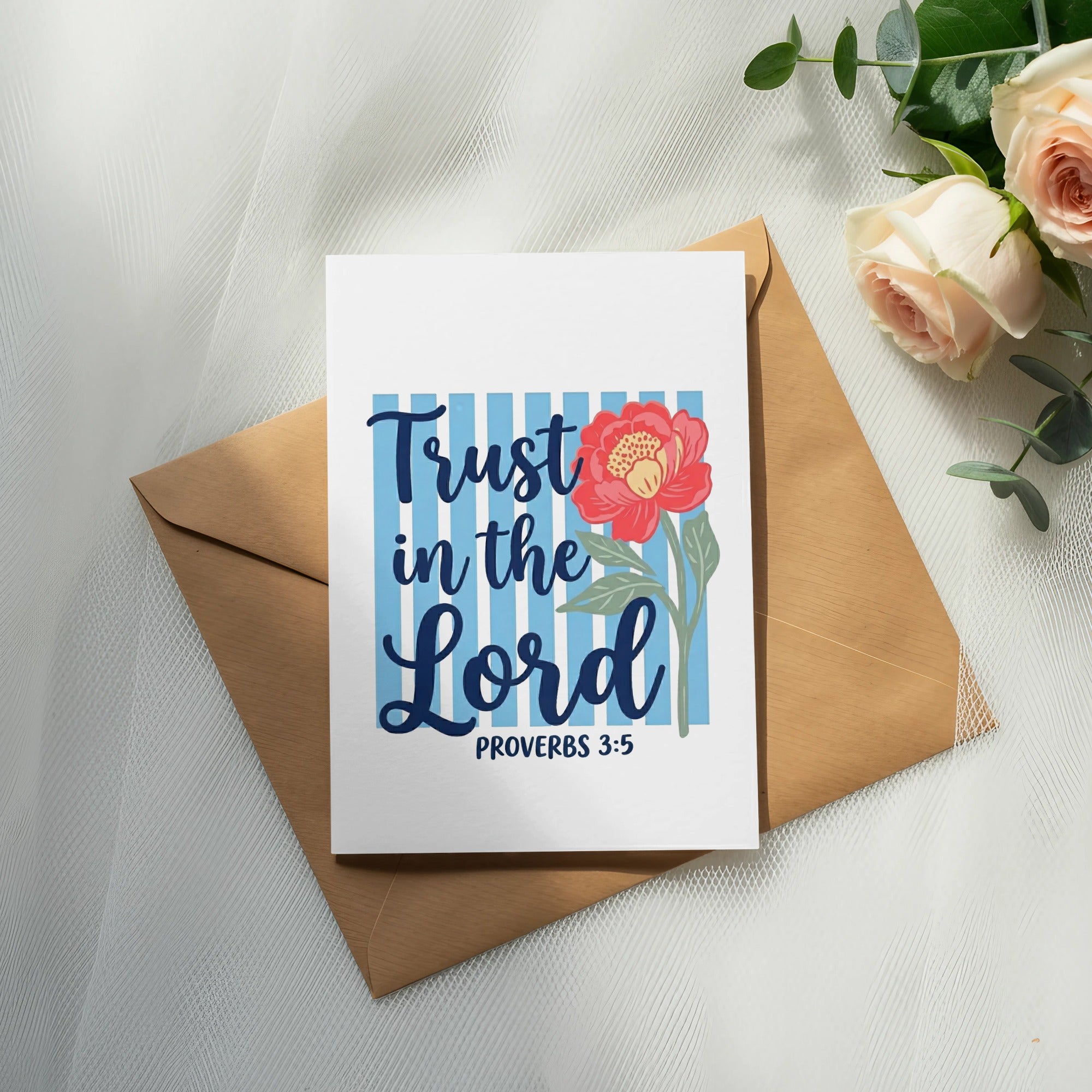 Card with blue stripes, pink flower, and text "Trust in the Lord Proverbs 3:5".