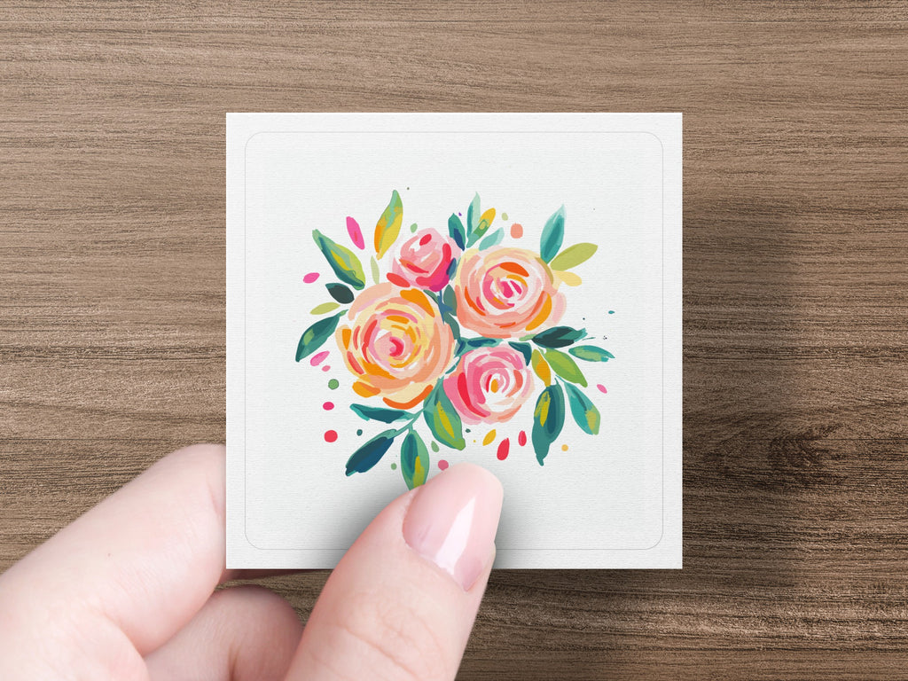Pink and orange roses with green leaves in a small square illustration.