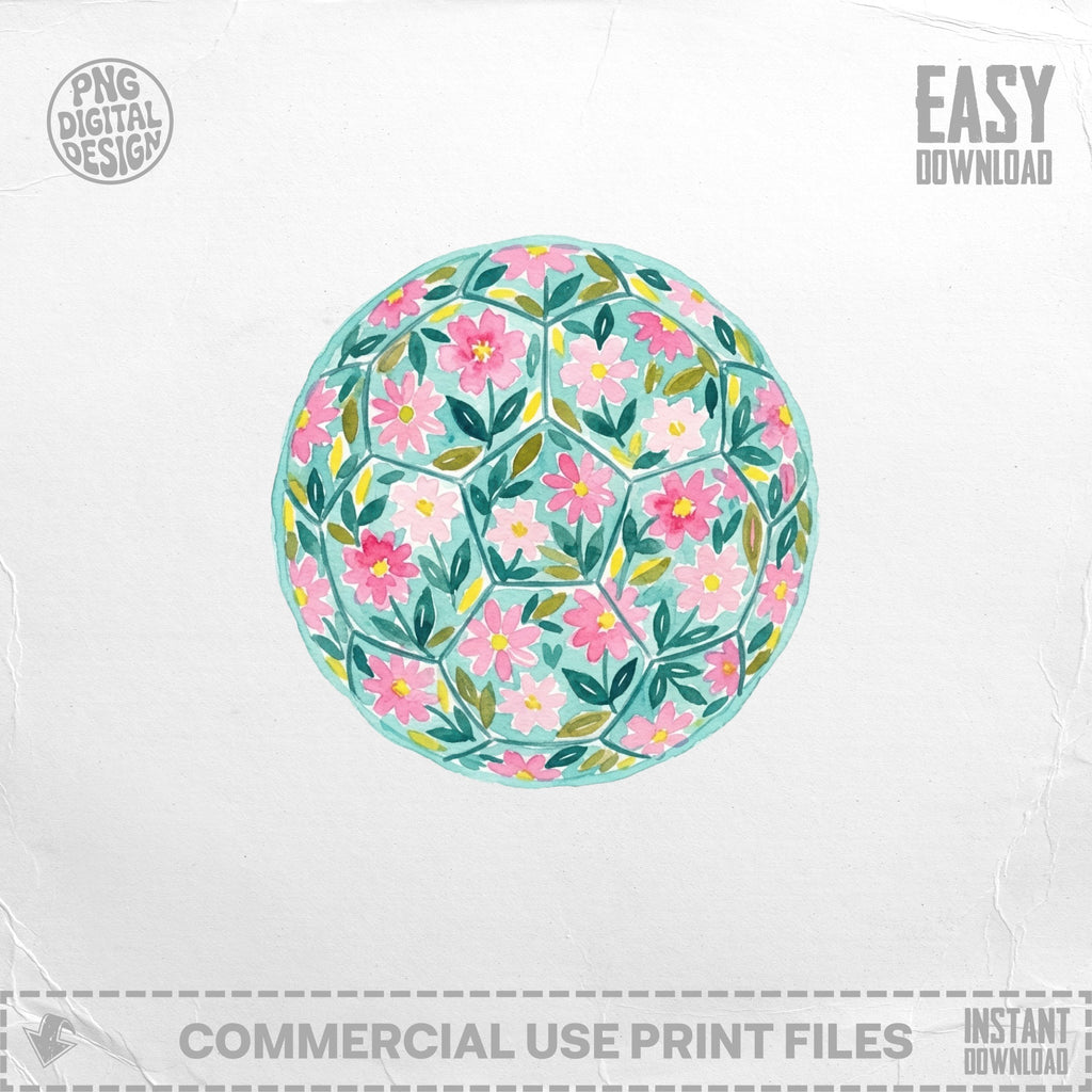 Watercolor floral ball with pink flowers and green leaves on a light blue background.