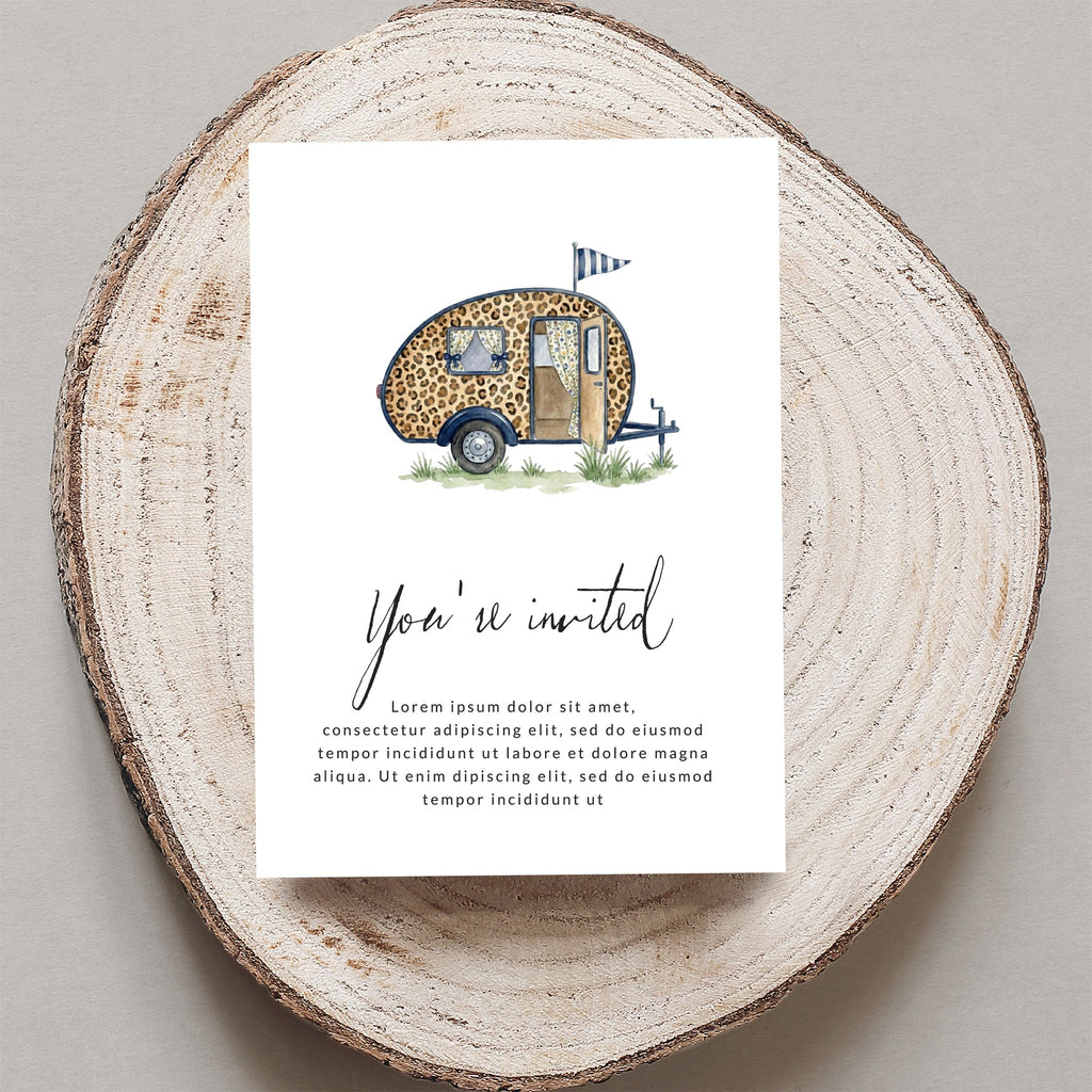 Invitation card with a watercolor caravan illustration and placeholder text.