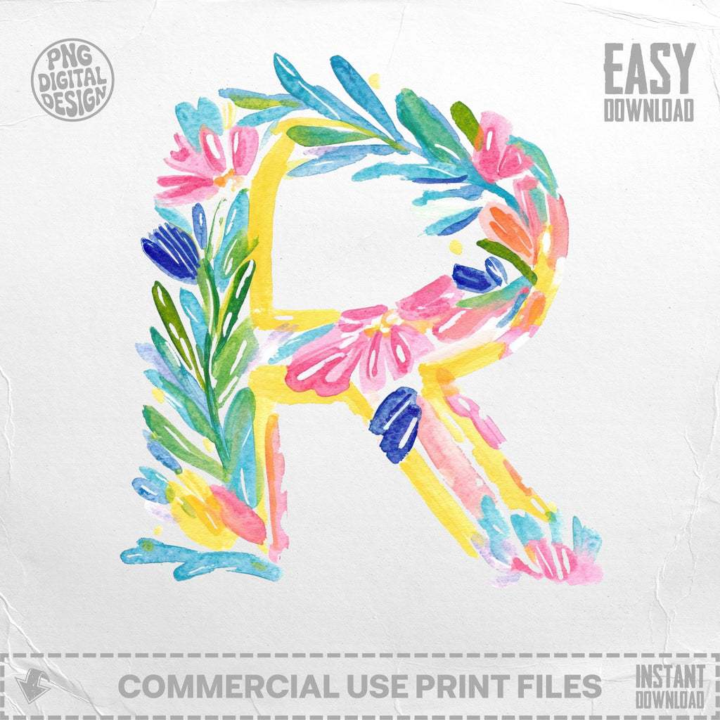 Watercolor letter R with colorful floral and leaf design, "EASY DOWNLOAD".