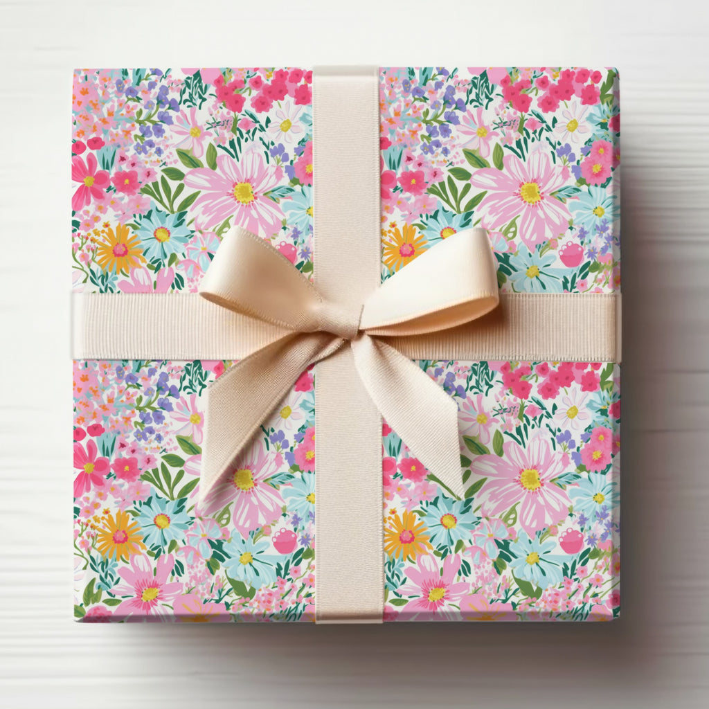 Floral Gift Wrap with Beige Ribbon Beautiful Gift Wrap