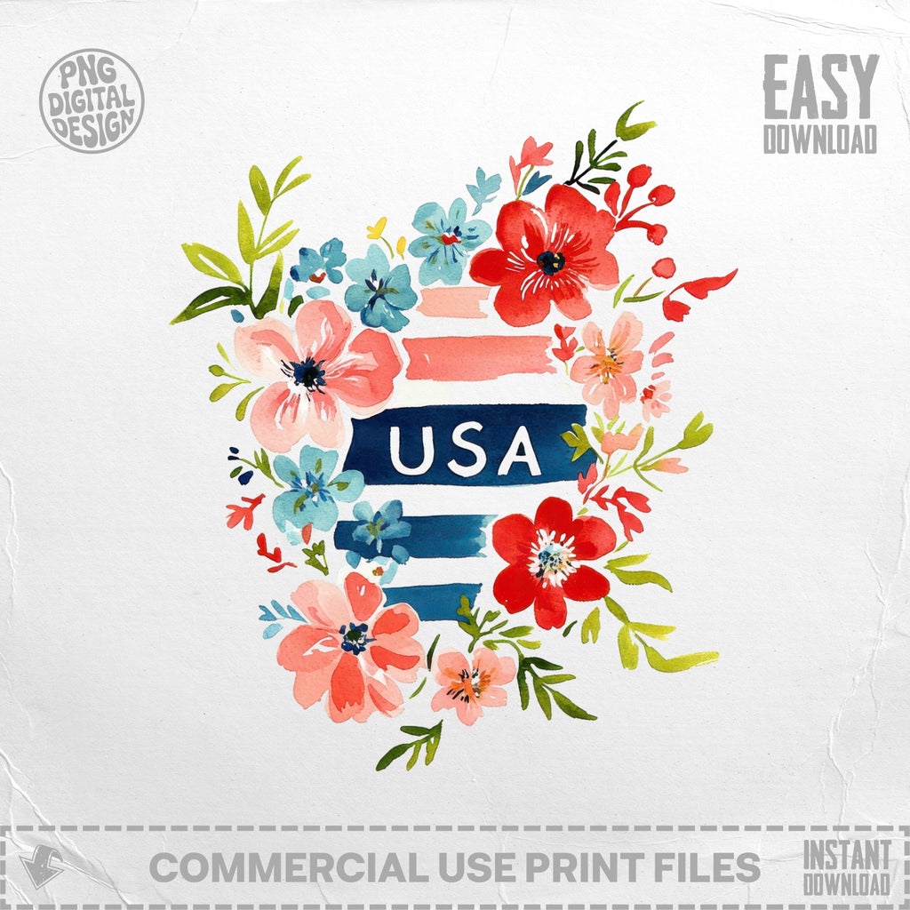 Watercolor USA floral design with patriotic colors and stripes.