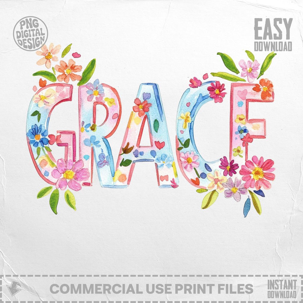 Watercolor floral "GRACE" text with "PNG DIGITAL DESIGN" and "EASY DOWNLOAD".