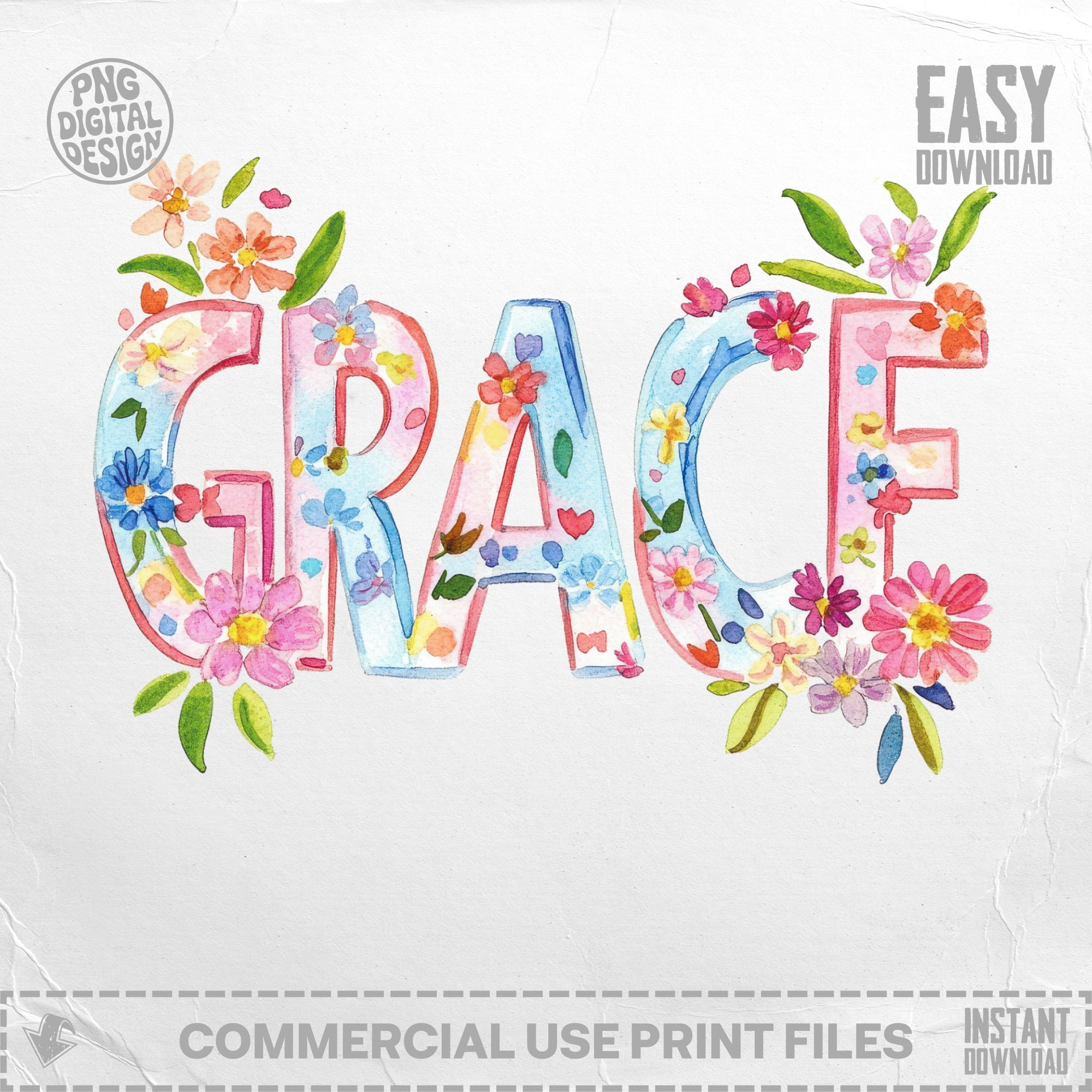 Watercolor floral "GRACE" text with "PNG DIGITAL DESIGN" and "EASY DOWNLOAD".