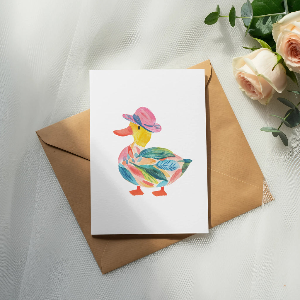 Watercolor duck wearing a pink hat on a card.