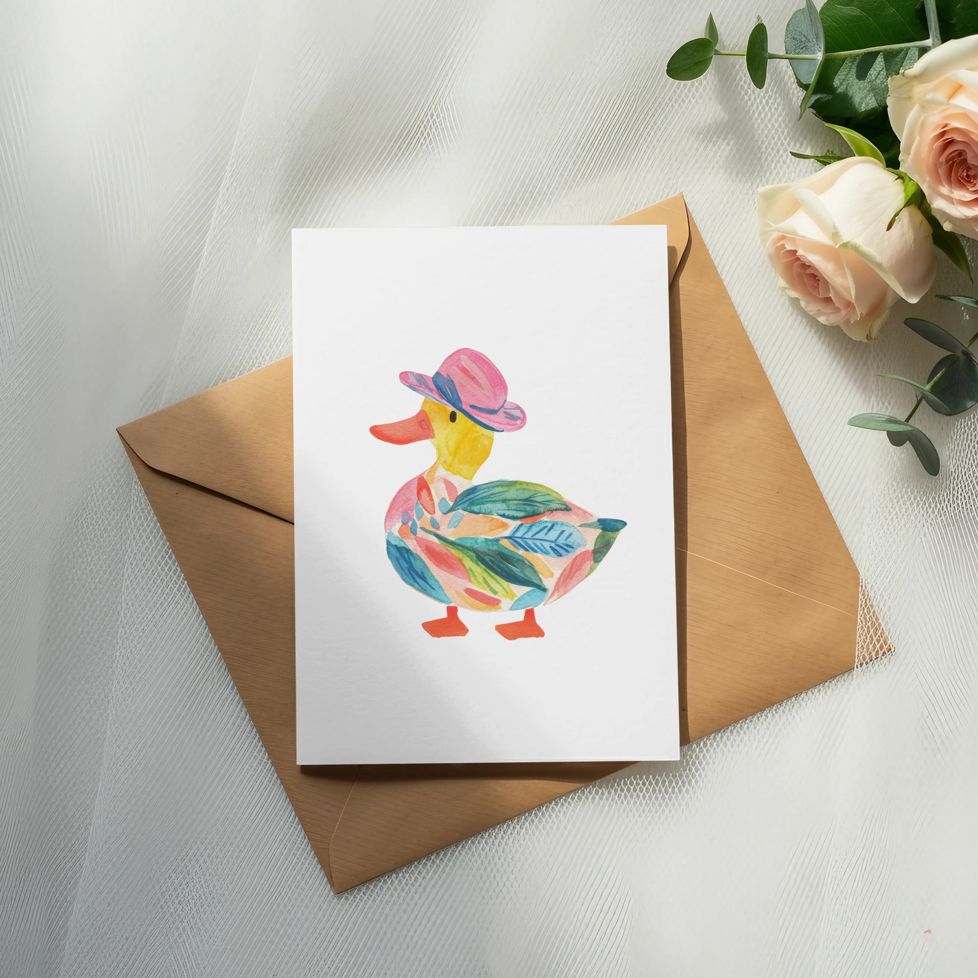 Watercolor duck wearing a pink hat on a card.
