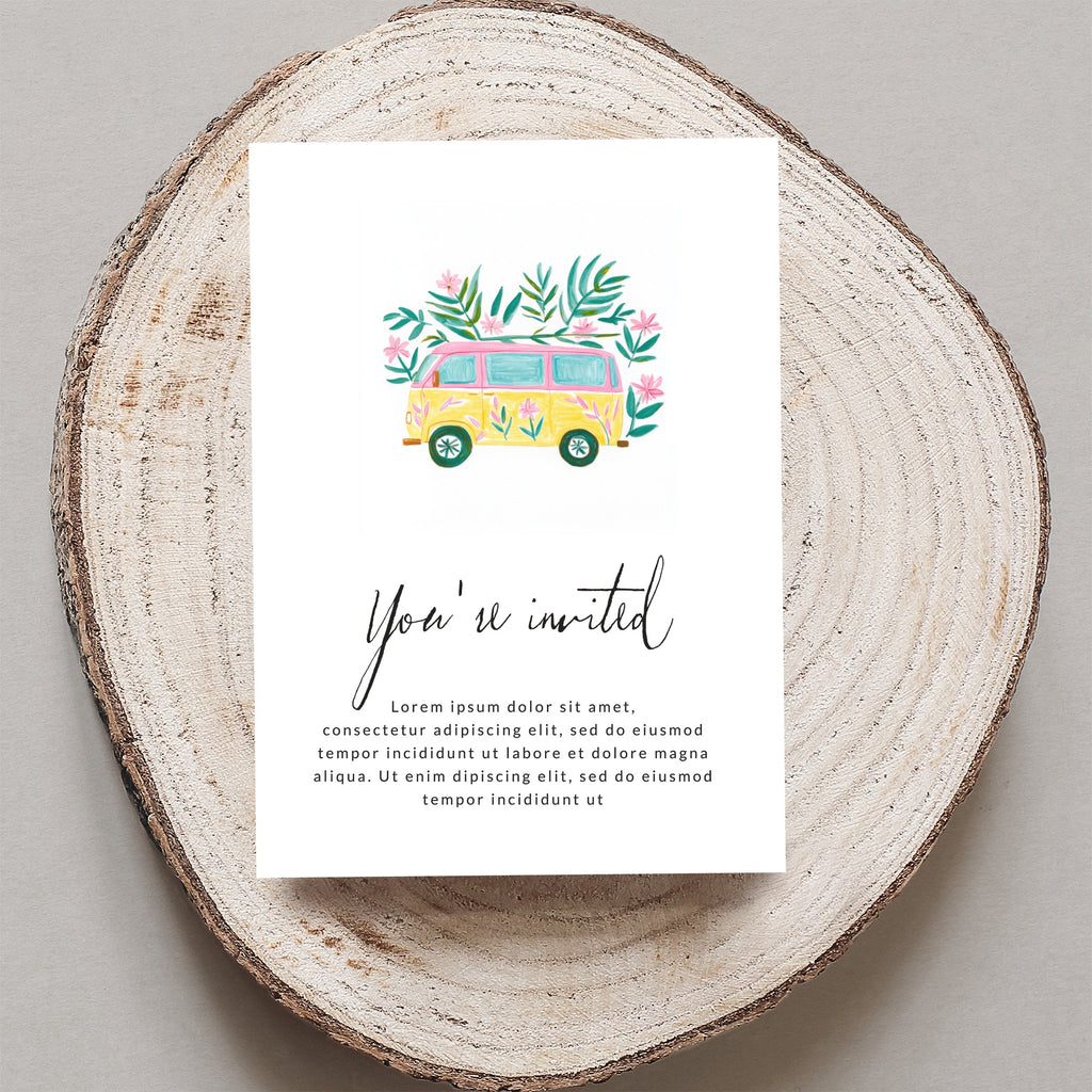 Invitation card with "You're invited" and floral van illustration.