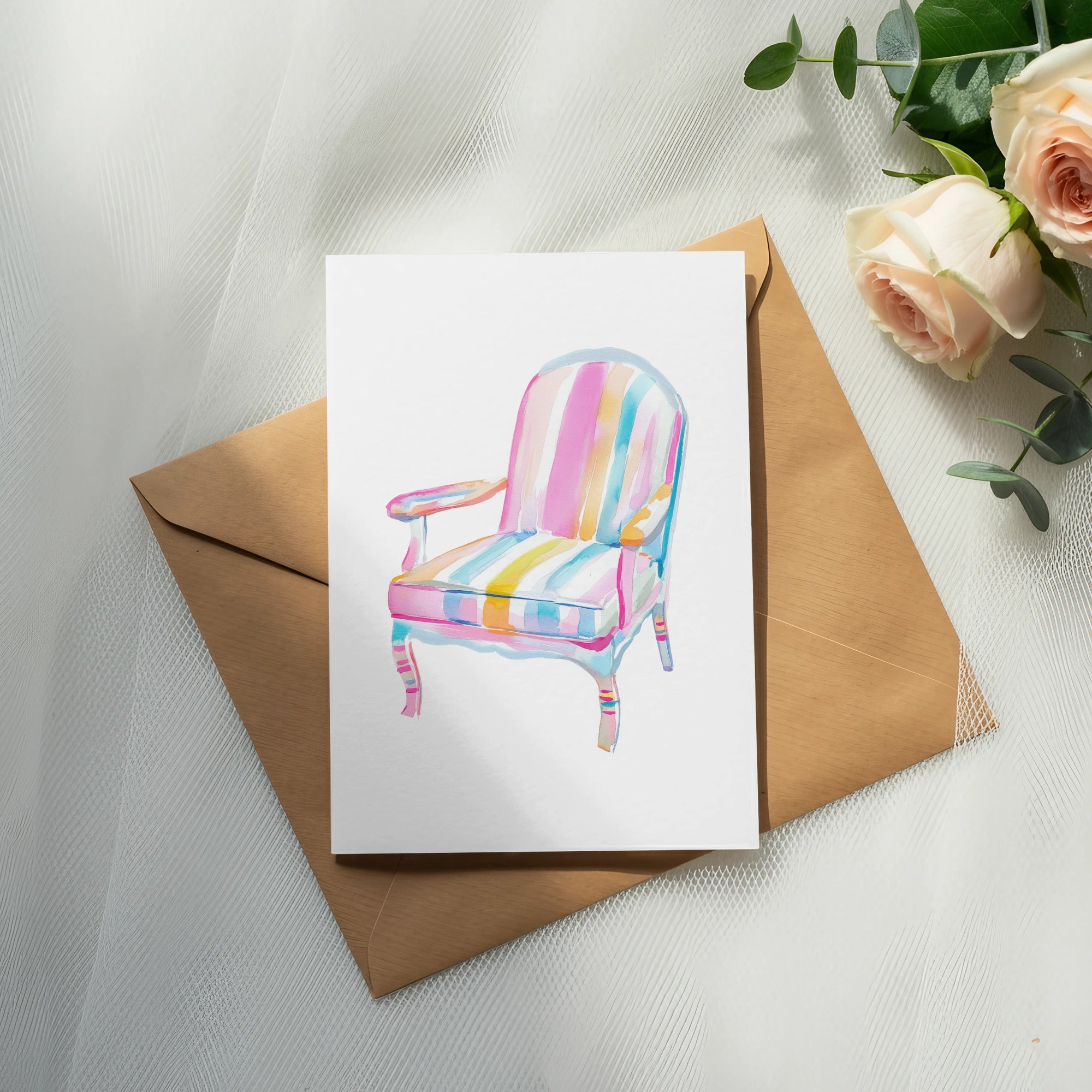 Watercolor illustration of a striped armchair on an envelope with roses.