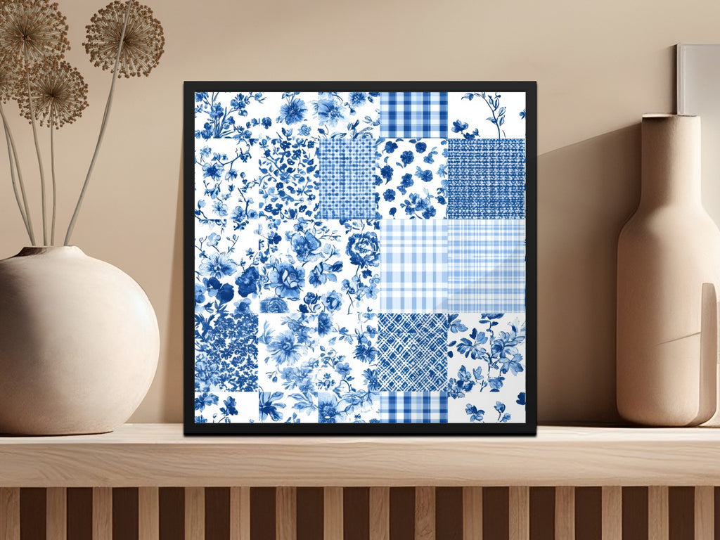 Blue and White Floral Patterned Art Print Wall Decor