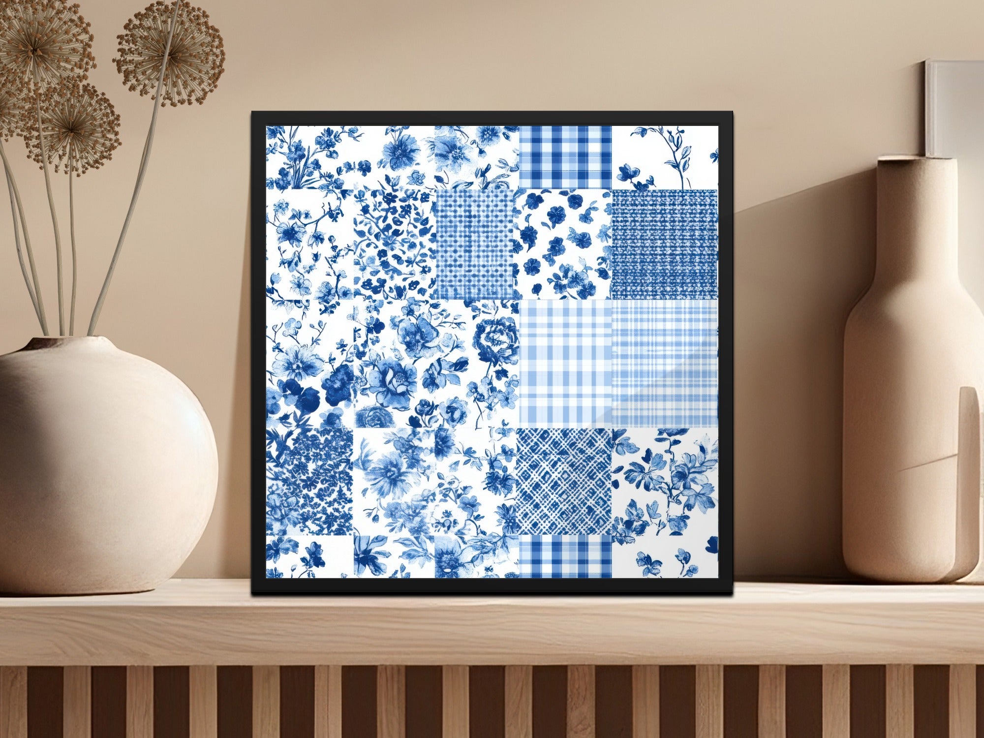 Blue and White Floral Patterned Art Print Wall Decor