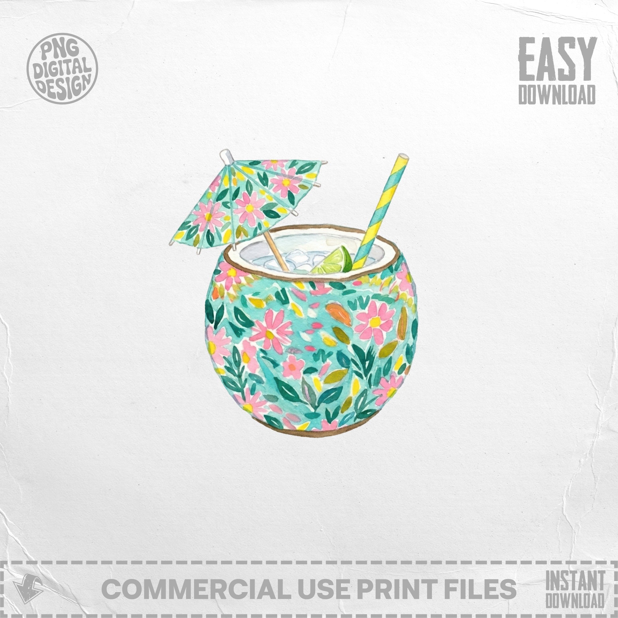 Watercolor coconut drink with floral umbrella and straw.