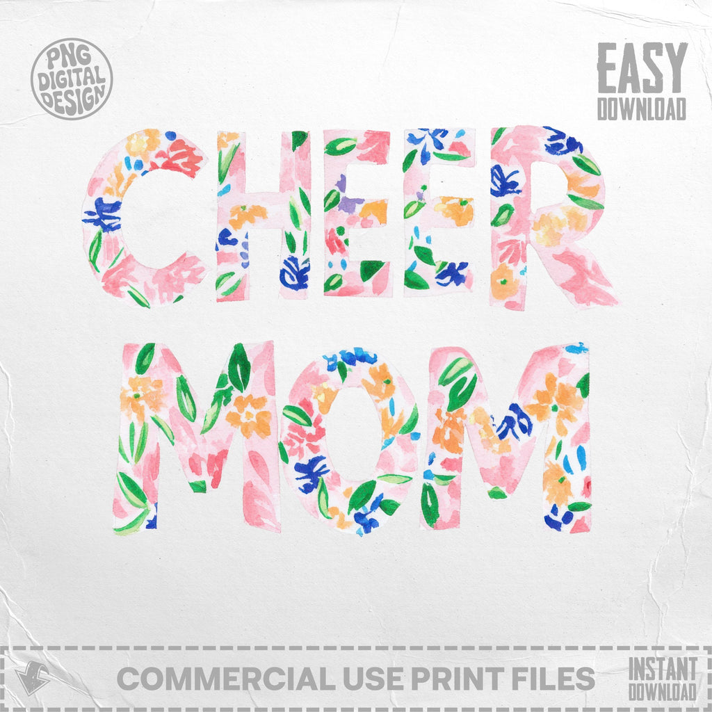 Floral "Cheer Mom" text with "Easy Download" and "Commercial Use" notes.