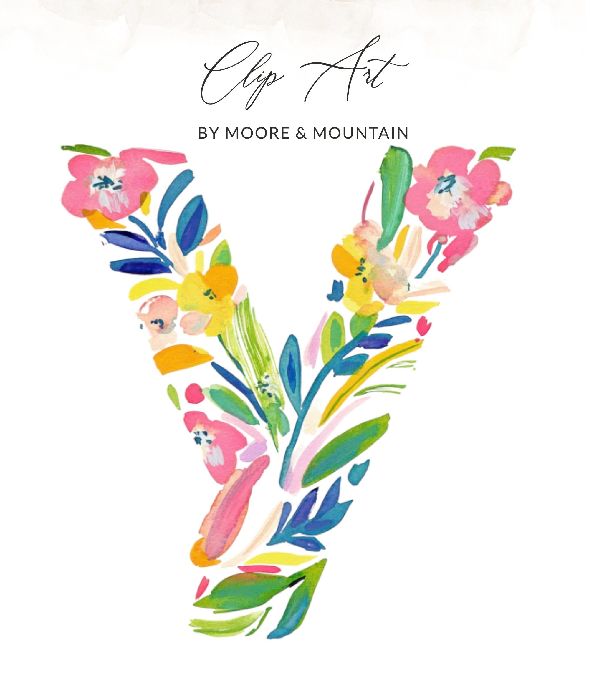 Watercolor floral letter V with "Clip Art BY MOORE & MOUNTAIN" text.