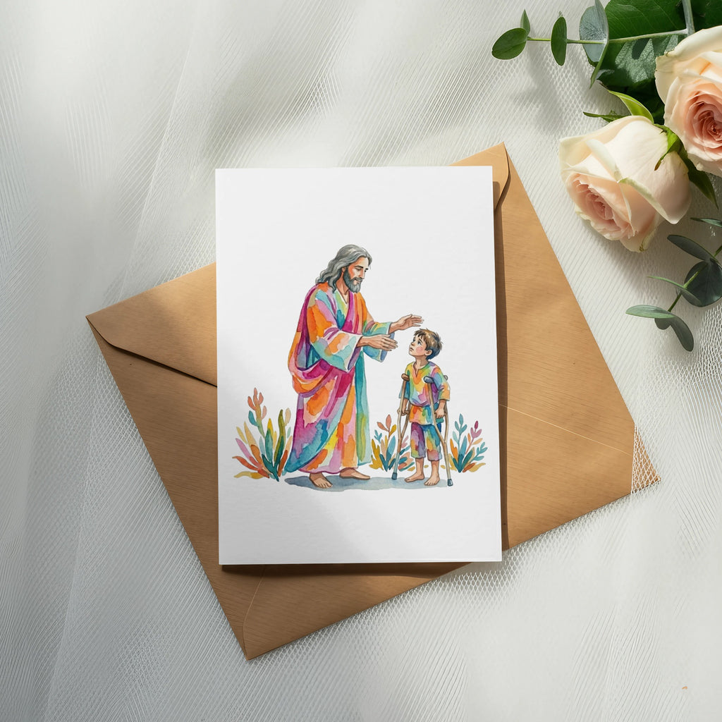 Jesus with a disabled child holding crutches, on a card.