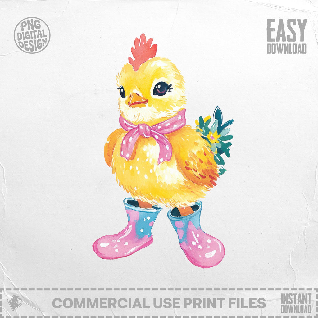 Watercolor chick wearing pink boots and a blue bow, with floral accents.
