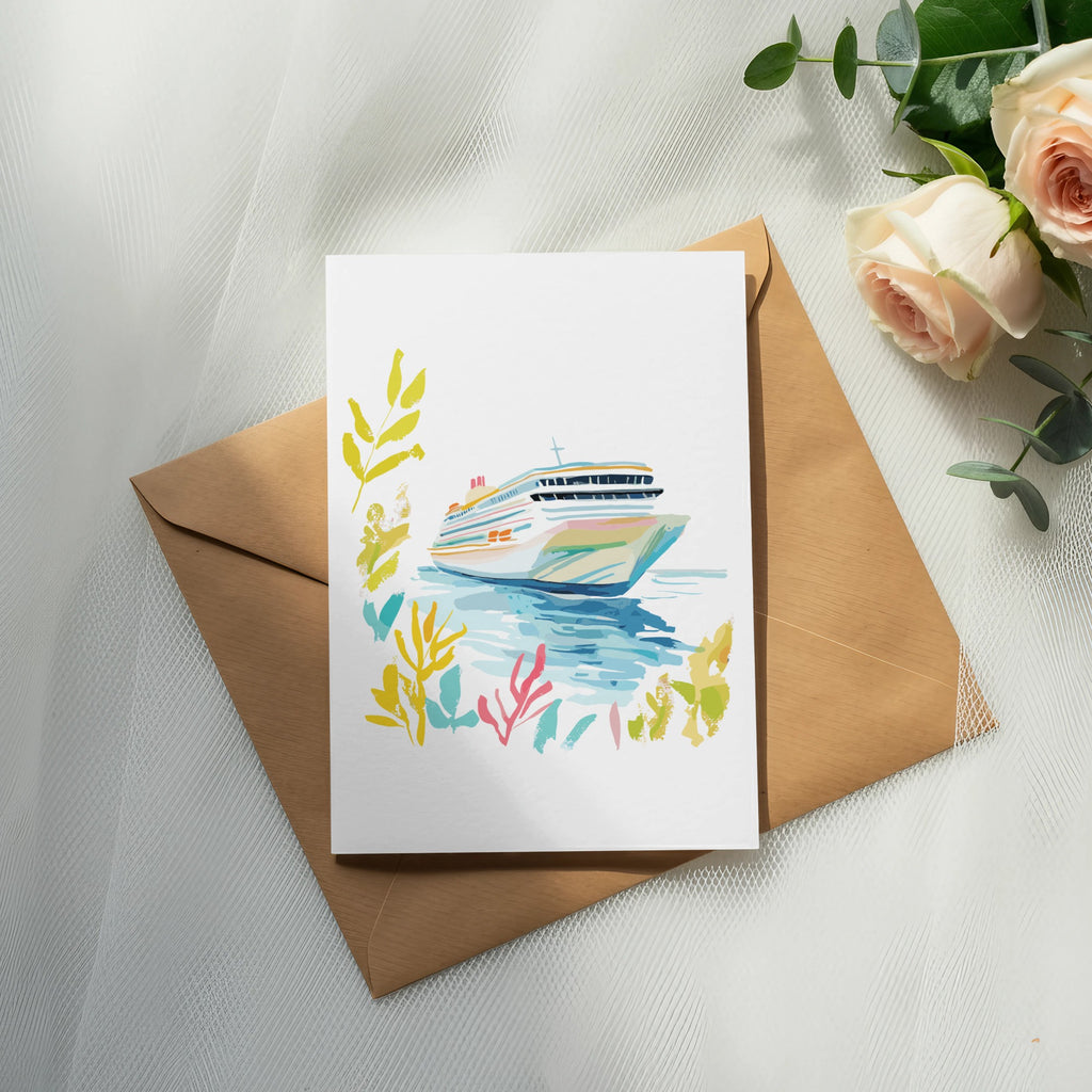 Watercolor painting of a cruise ship on water with floral accents on envelope.