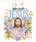 Jesus Lives clip art with oranges and flowers.