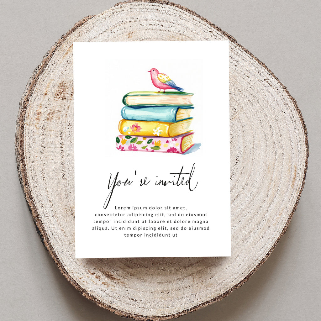 Invitation card with stack of colorful books and bird, "You're invited" text.