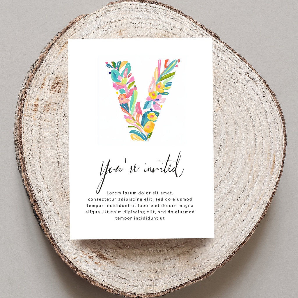 Invitation with colorful floral letter V and "You're invited" text.
