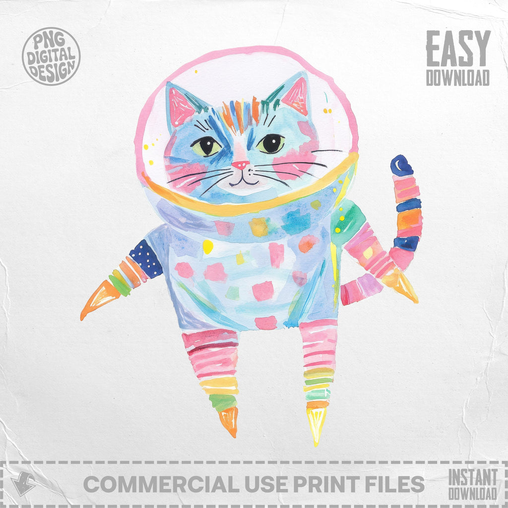 Watercolor cat in a colorful astronaut suit with "EASY DOWNLOAD" text.