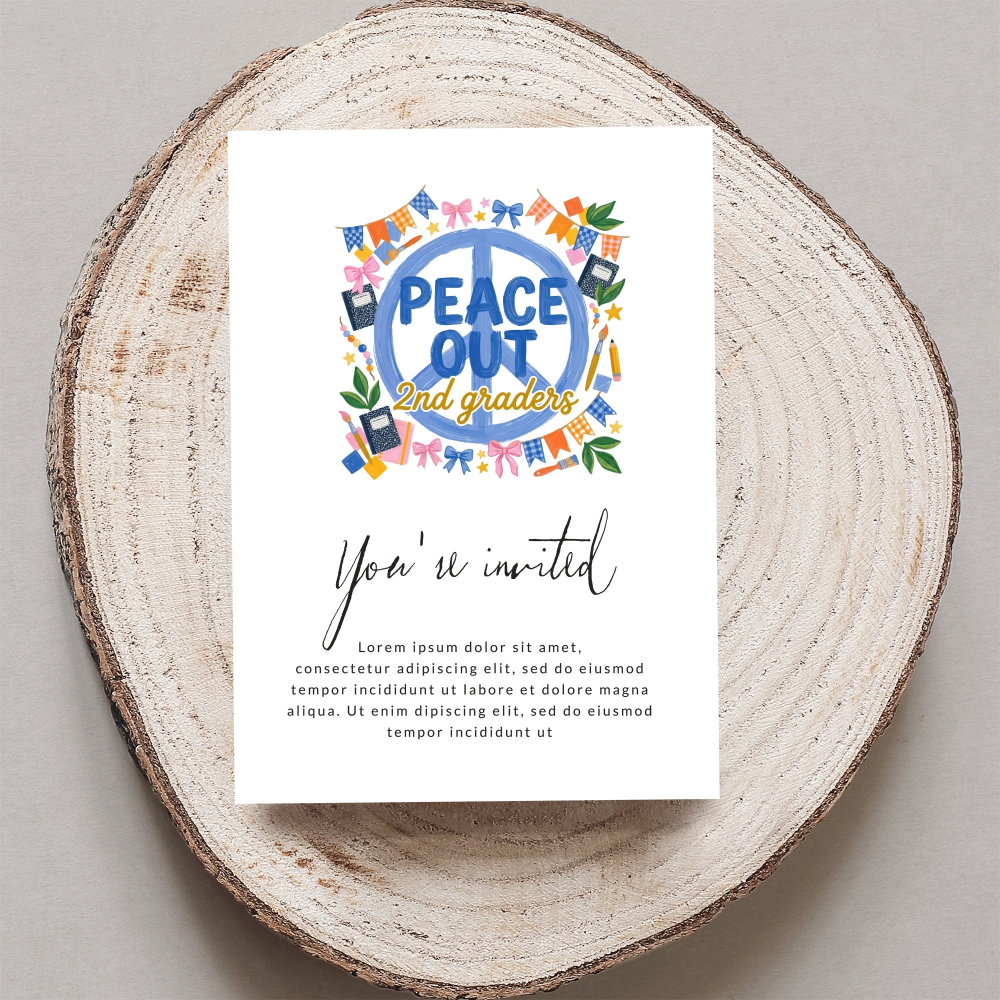 Invitation with "Peace Out 2nd graders" text and floral border.