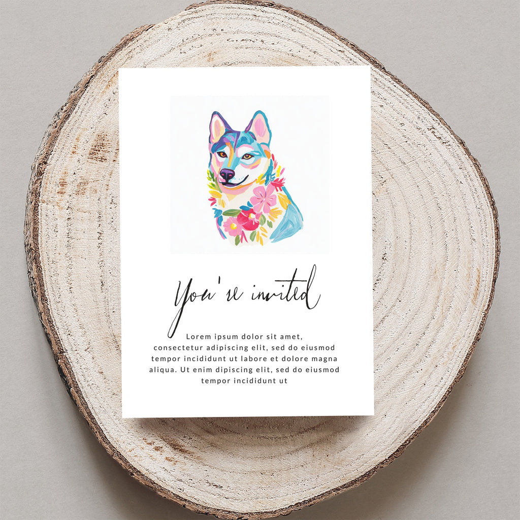 Colorful husky illustration on a white card with text, atop a wood slice.