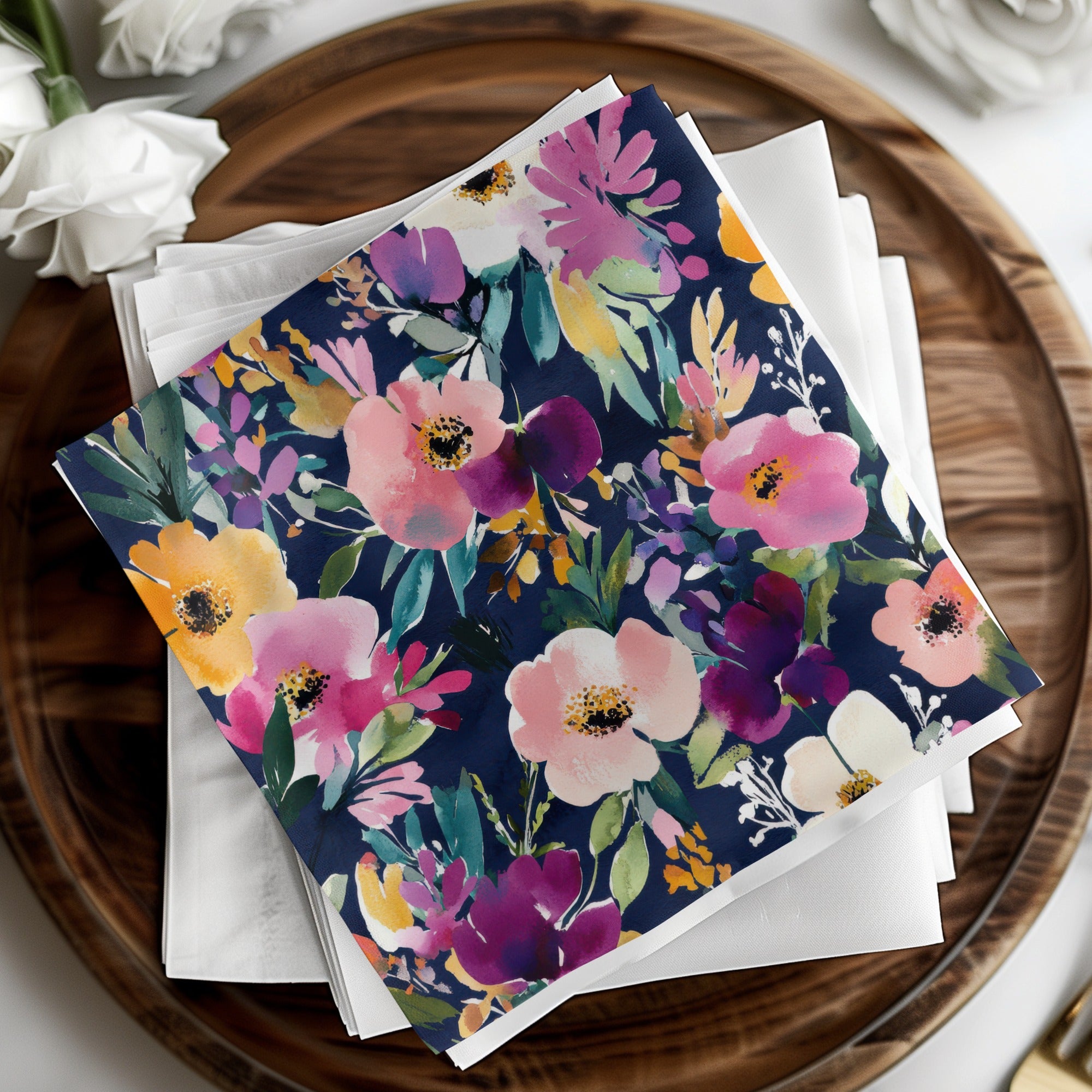 Vibrant Floral Print on Dark Background Napkin