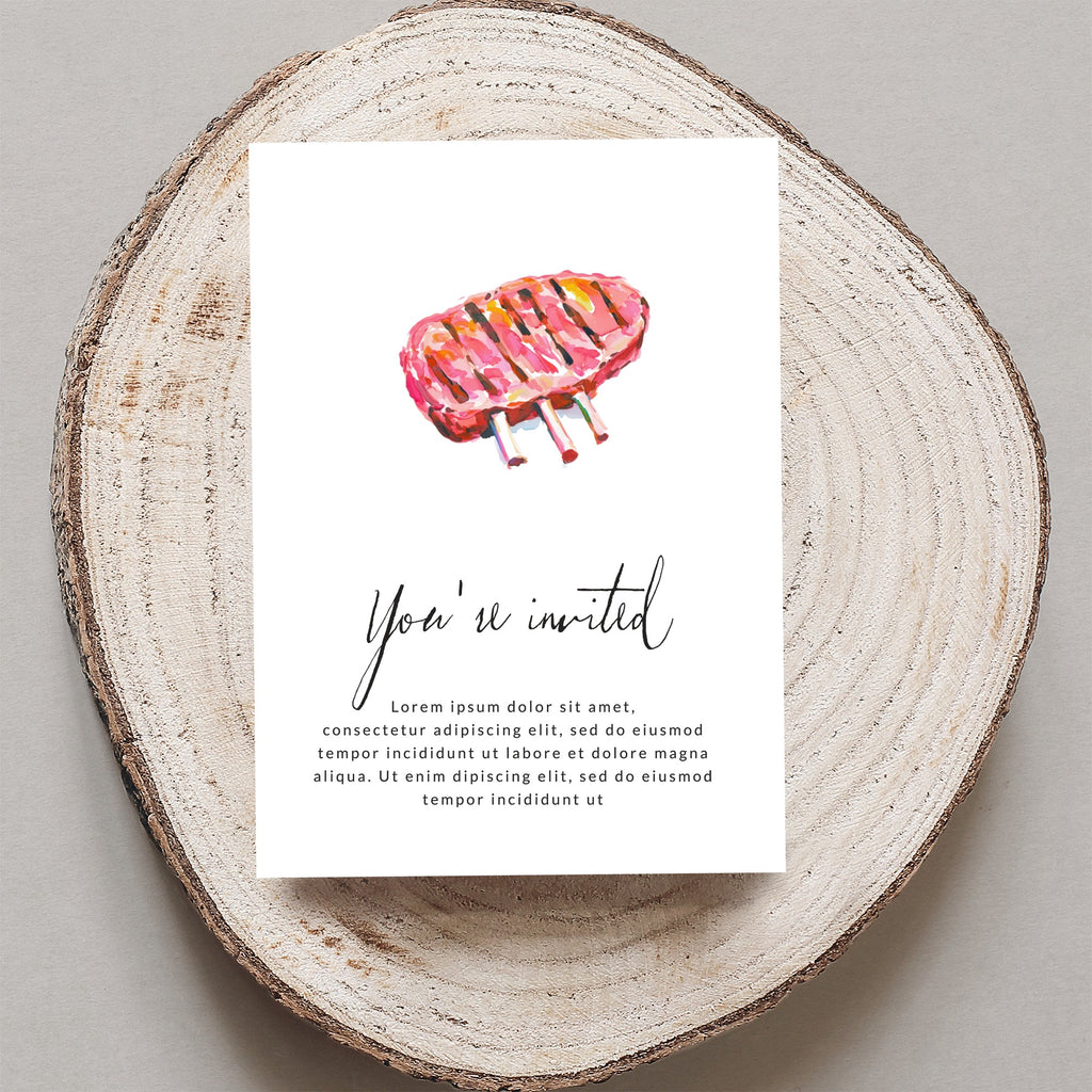 Watercolor invitation with grilled ribs illustration and "You're invited" text.